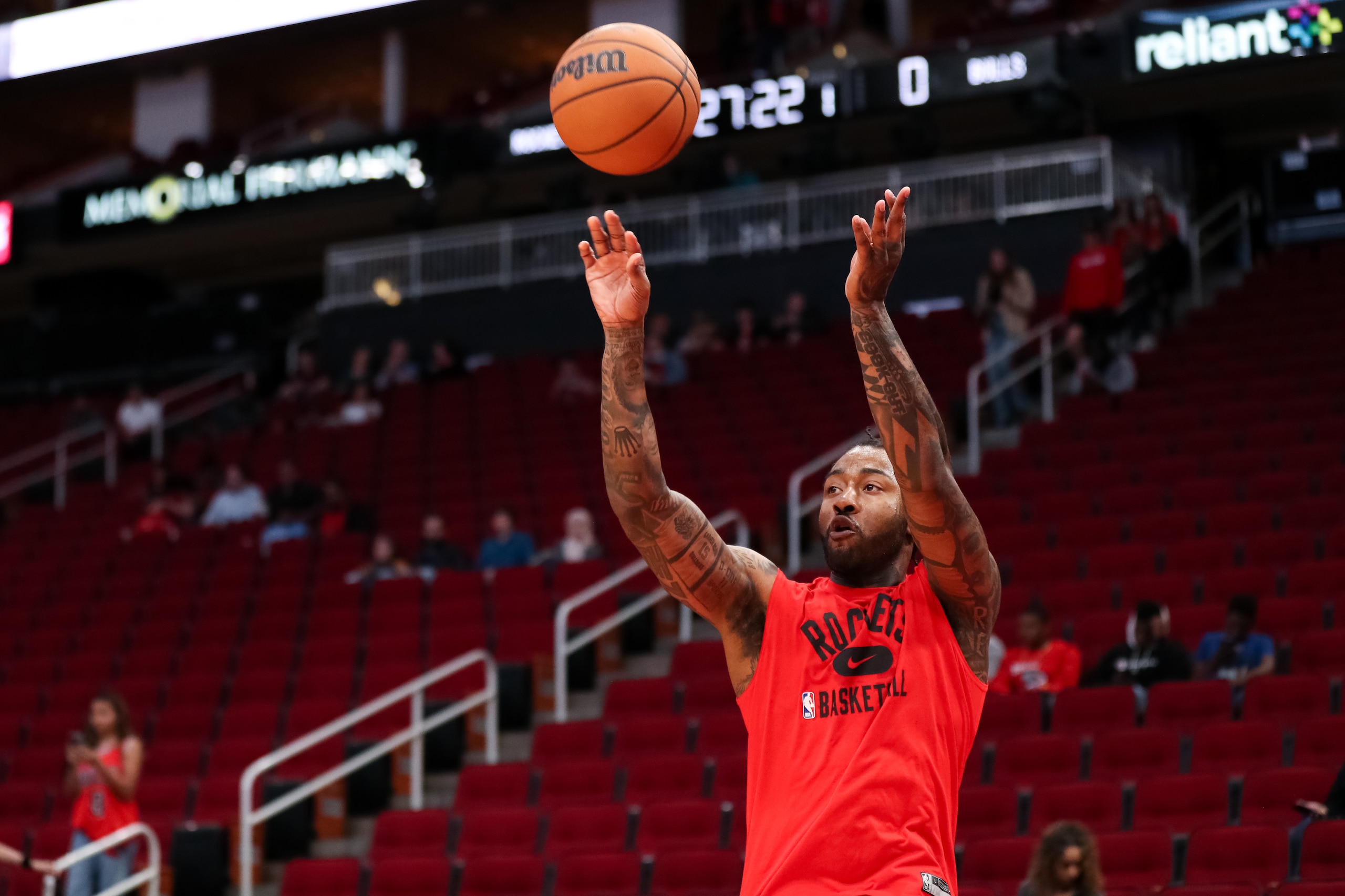 HOUSTON, TEXAS - NOVEMBER 24: John Wall #1 of the Houston Rockets takes practice at Toyota Center on November 24, 2021 in Houston, Texas. NOTE TO USER: User expressly acknowledges and agrees that, by downloading and or using this photograph, User is consenting to the terms and conditions of the Getty Images License Agreement. (Photo by Carmen Mandato/Getty Images)