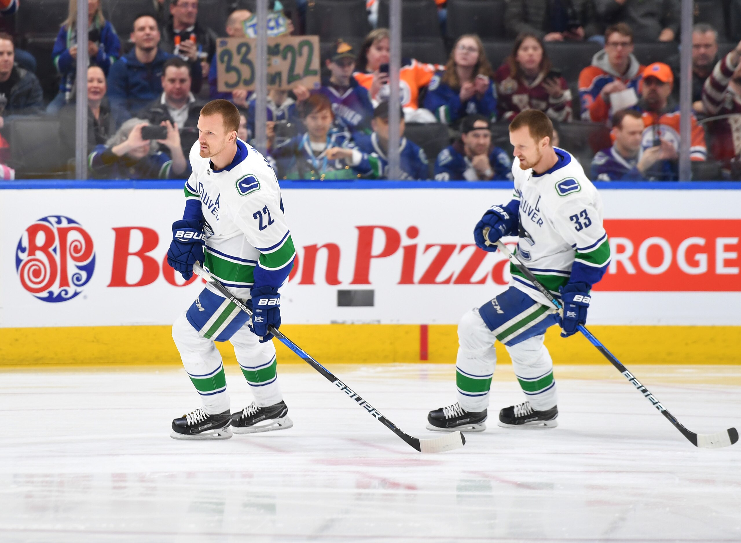 EDMONTON, AB - APRIL 7: Daniel Sedin #22 and Henrik Sedin #33 of the Vancouver Canucks warm up prior to the game against the Edmonton Oilers on April 7, 2018 at Rogers Place in Edmonton, Alberta, Canada. (Photo by Andy Devlin/NHLI via Getty Images) EDMONTON, AB - APRIL 7: Daniel Sedin #22 and Henrik Sedin #33 of the Vancouver Canucks warm up prior to the game against the Edmonton Oilers on April 7, 2018 at Rogers Place in Edmonton, Alberta, Canada. (Photo by Andy Devlin/NHLI via Getty Images)