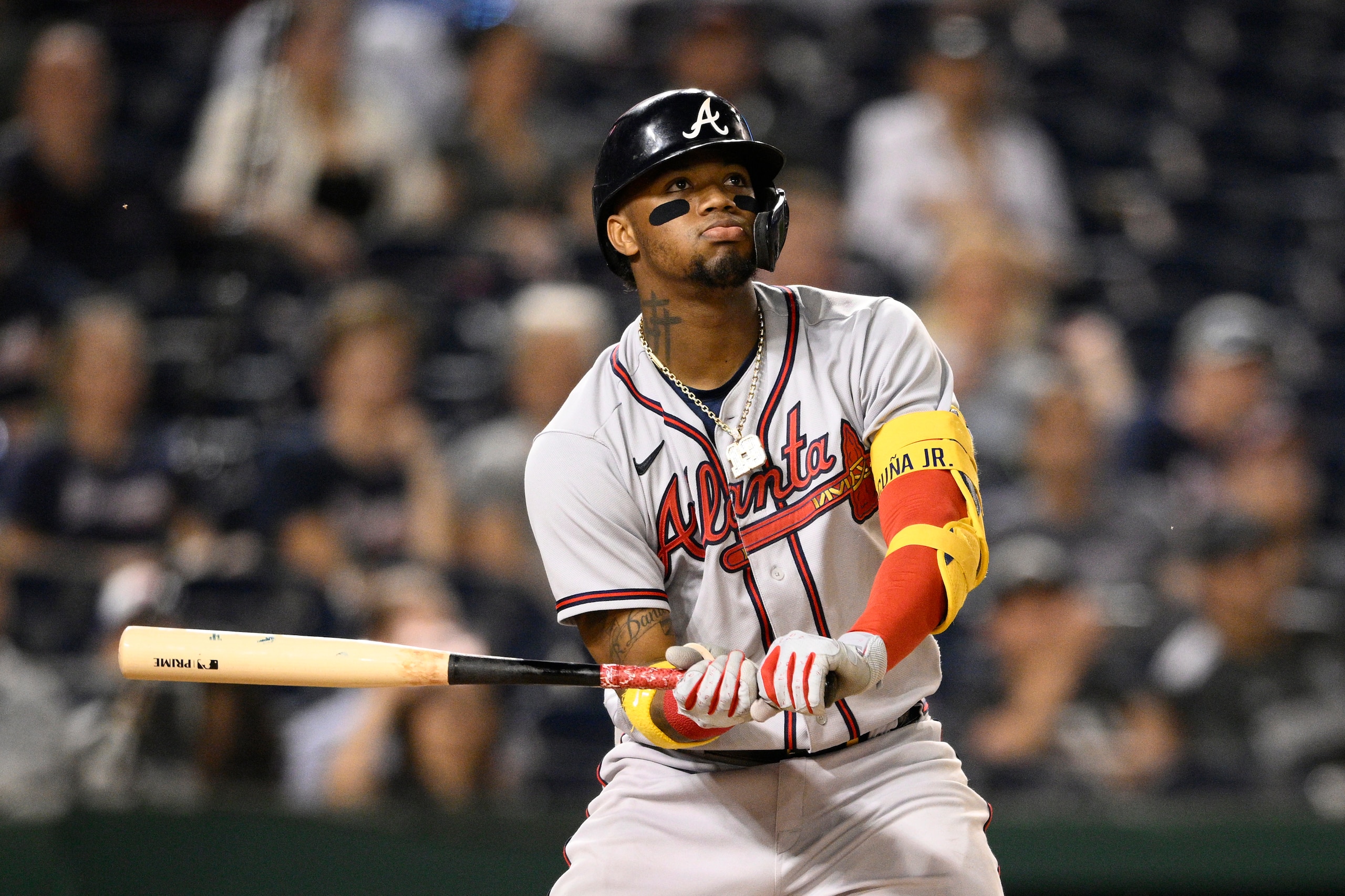 Atlanta Braves' Ronald Acuna Jr. in action during a baseball game against the Washington Nationals, Wednesday, June 15, 2022, in Washington. (AP Photo/Nick Wass)