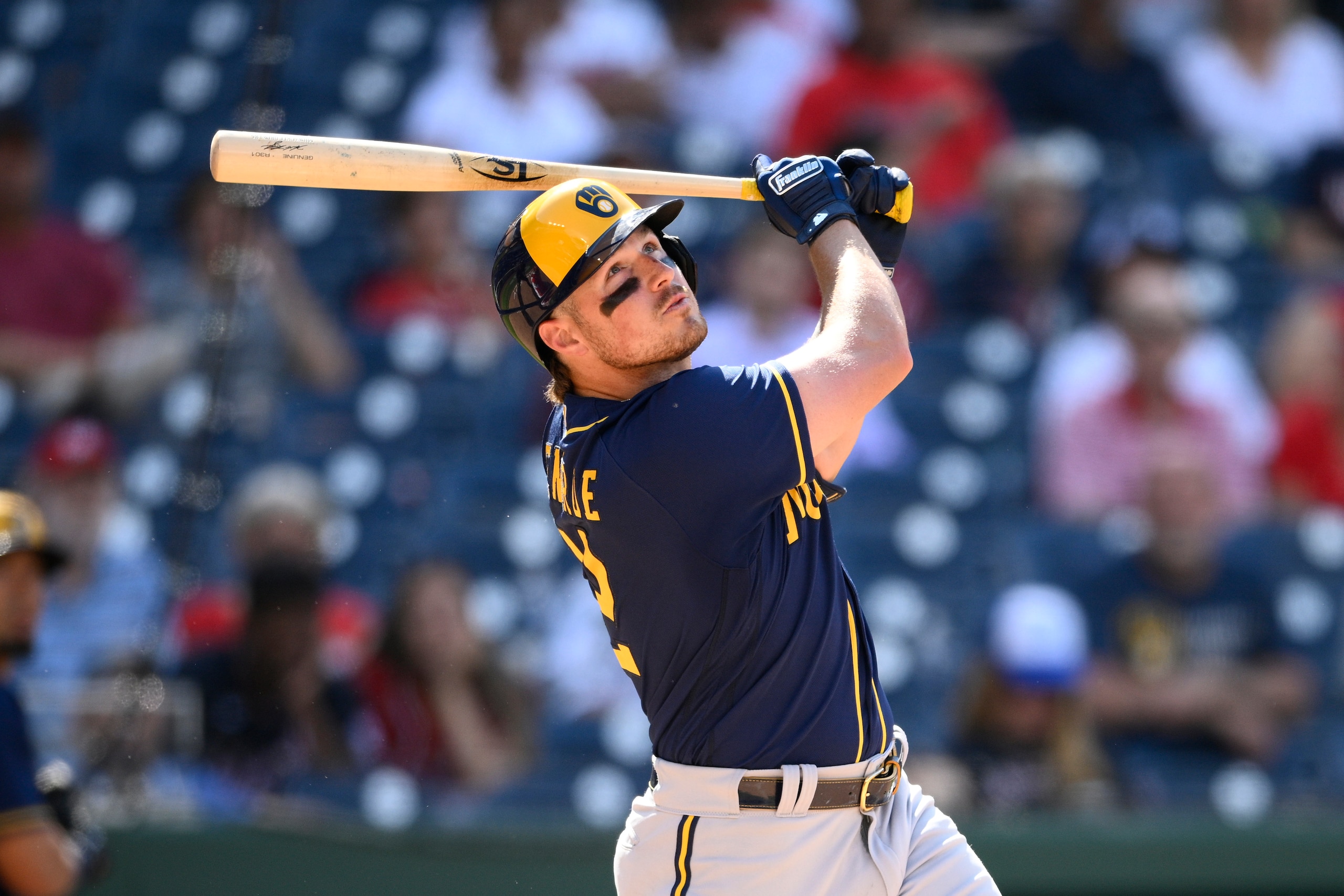 Milwaukee Brewers' Hunter Renfroe in action during a baseball game against the Washington Nationals, Sunday, June 12, 2022, in Washington. (AP Photo/Nick Wass)