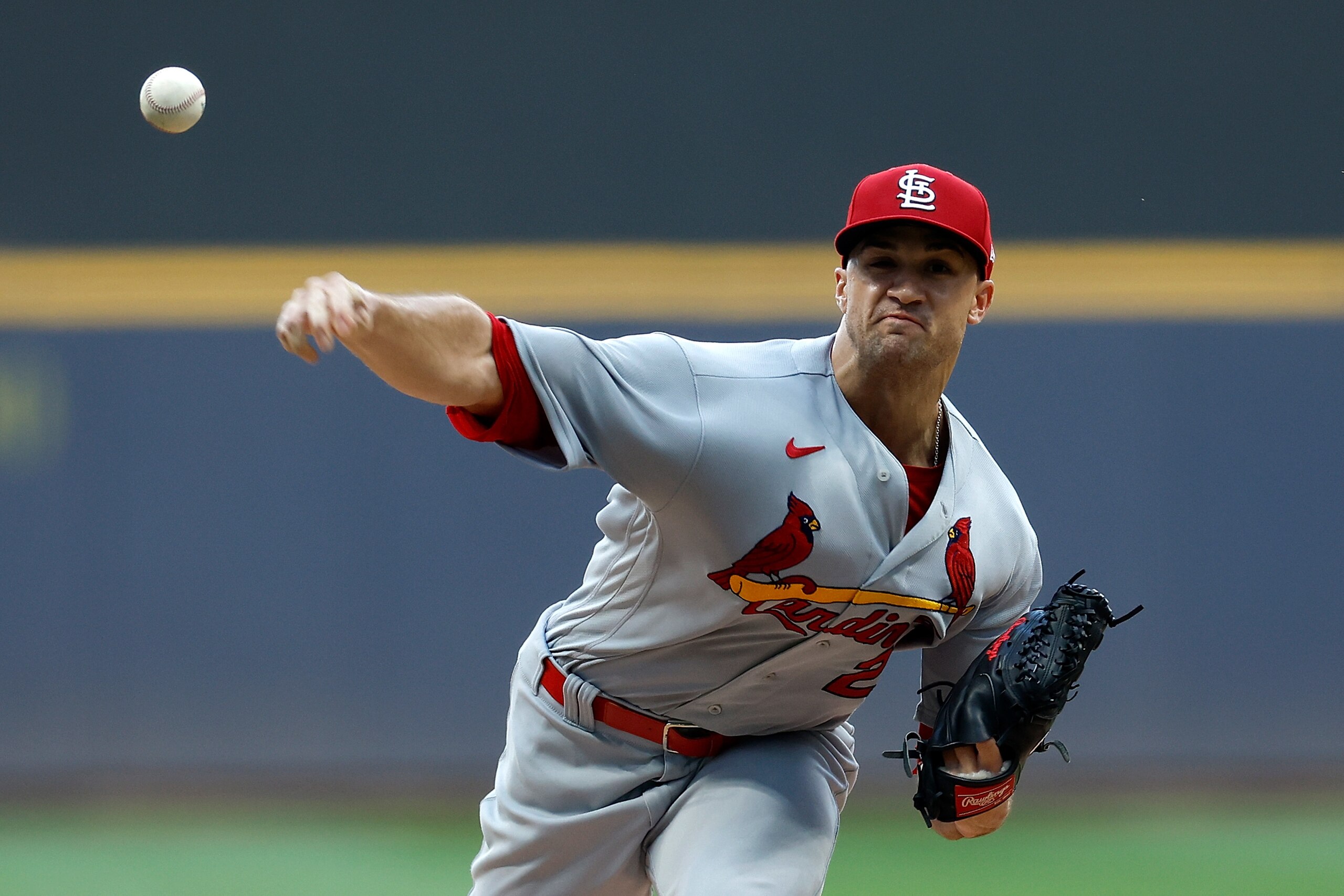 MILWAUKEE, WISCONSIN - JUNE 21: Jack Flaherty #22 of the St. Louis Cardinals throws a pitch in the first inning against the Milwaukee Brewers at American Family Field on June 21, 2022 in Milwaukee, Wisconsin. Cardinals defeated the Brewers 6-2. (Photo by John Fisher/Getty Images)