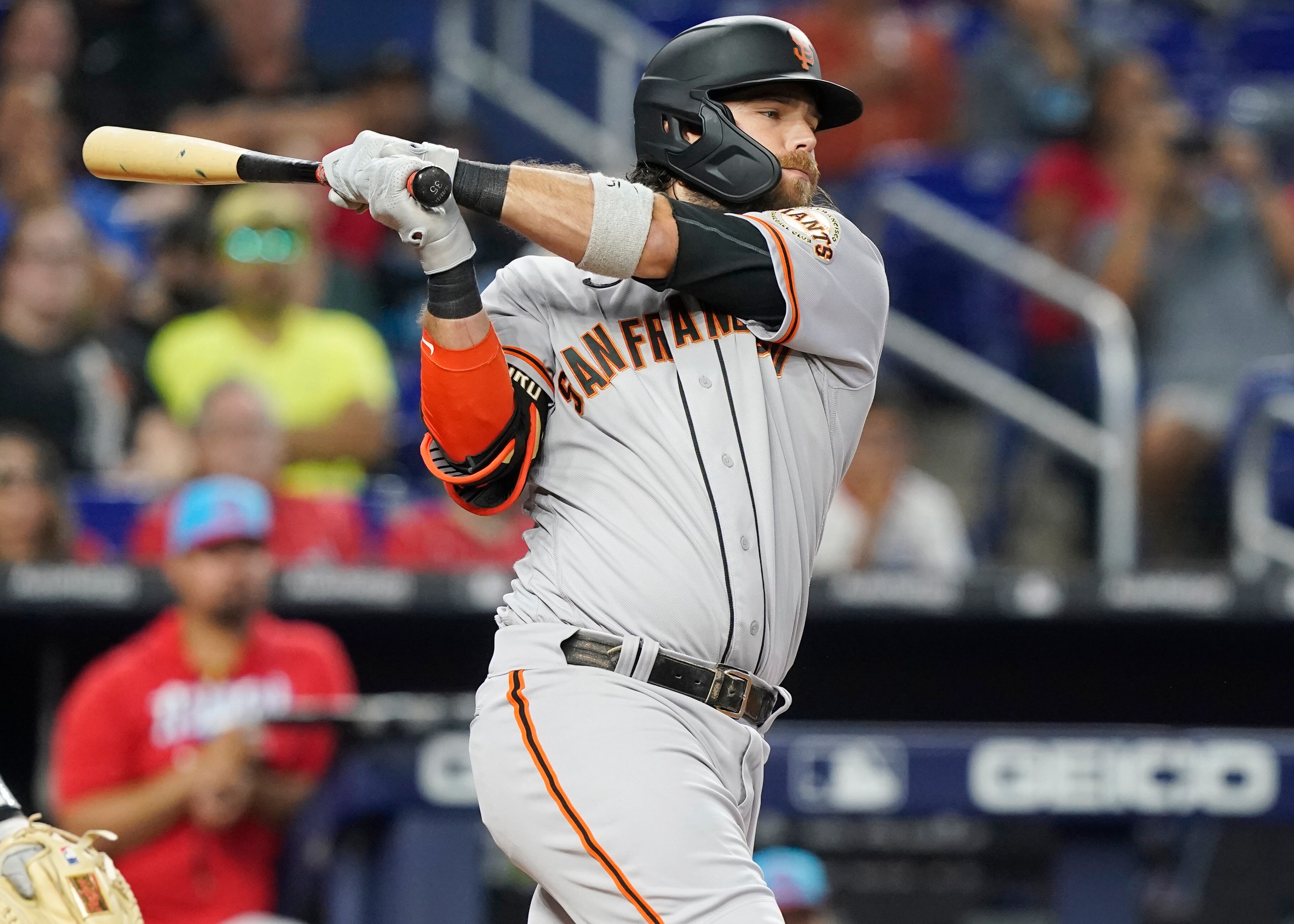 San Francisco Giants Brandon Crawford hits during a baseball game against the Miami Marlins, Saturday, June 4, 2022, in Miami. (AP Photo/Marta Lavandier)