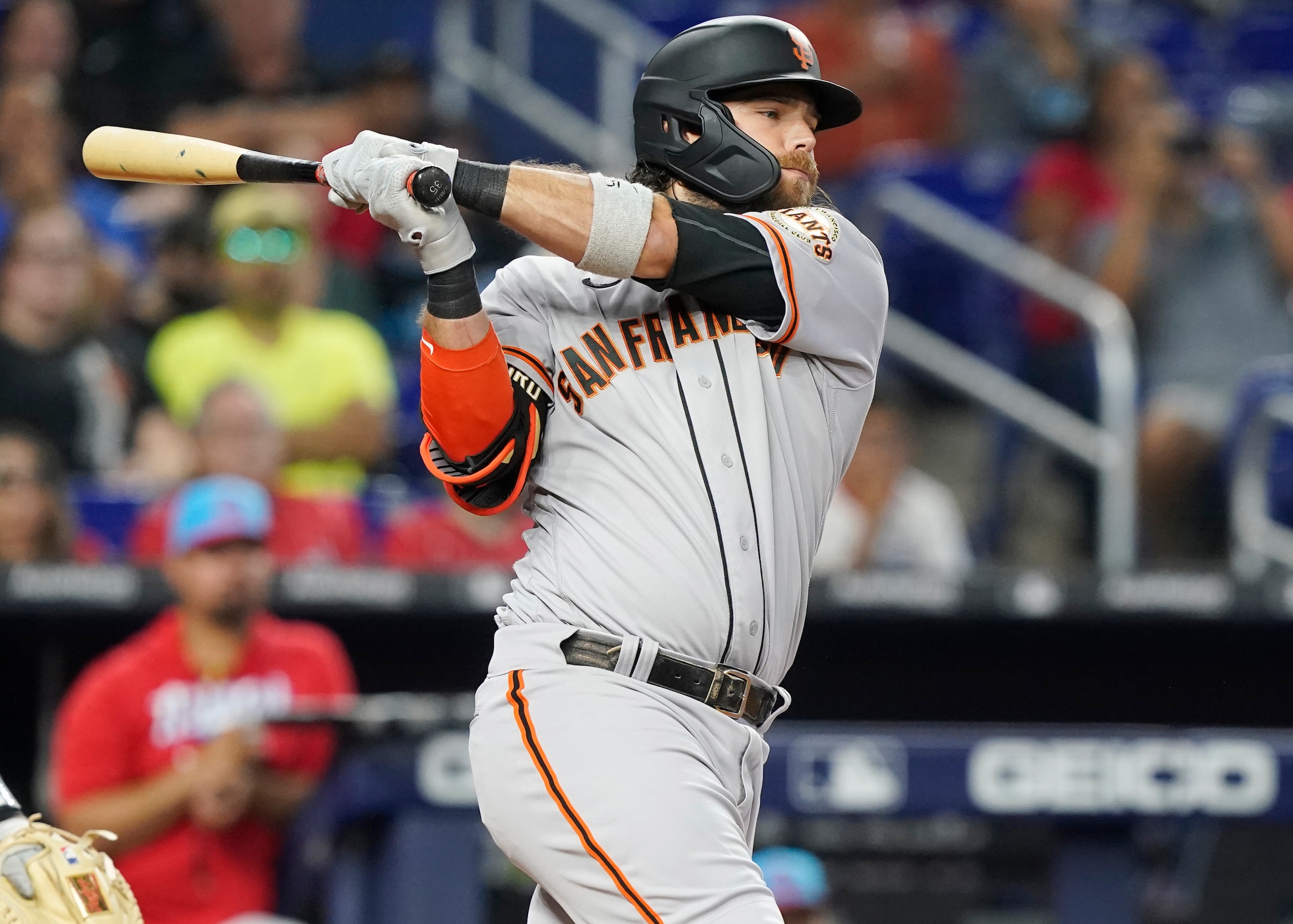 San Francisco Giants Brandon Crawford hits during a baseball game against the Miami Marlins, Saturday, June 4, 2022, in Miami. (AP Photo/Marta Lavandier)