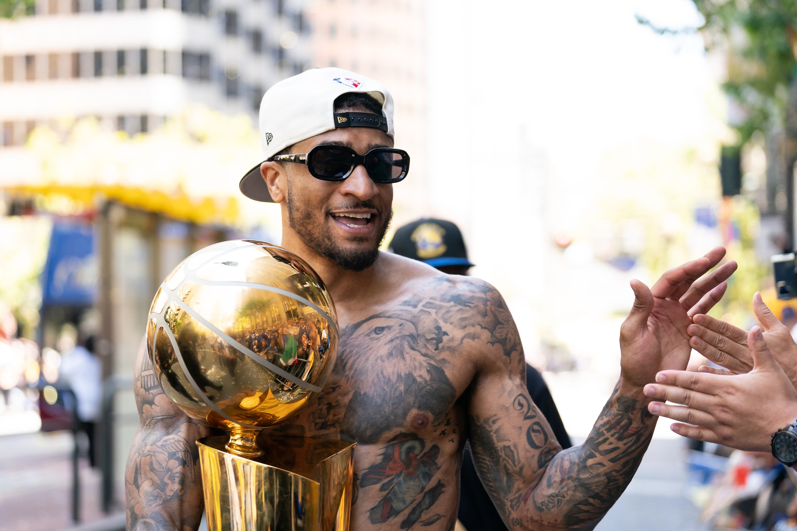 SAN FRANCISCO, CA - JUNE 20: Gary Payton II #0 of the Golden State Warriors greets fans during their 2022 Victory Parade & Rally on June 20, 2022 at Chase Center in San Francisco, California. NOTE TO USER: User expressly acknowledges and agrees that, by downloading and or using this photograph, user is consenting to the terms and conditions of Getty Images License Agreement. Mandatory Copyright Notice: Copyright 2022 NBAE (Photo by Josh Leung/NBAE via Getty Images)
