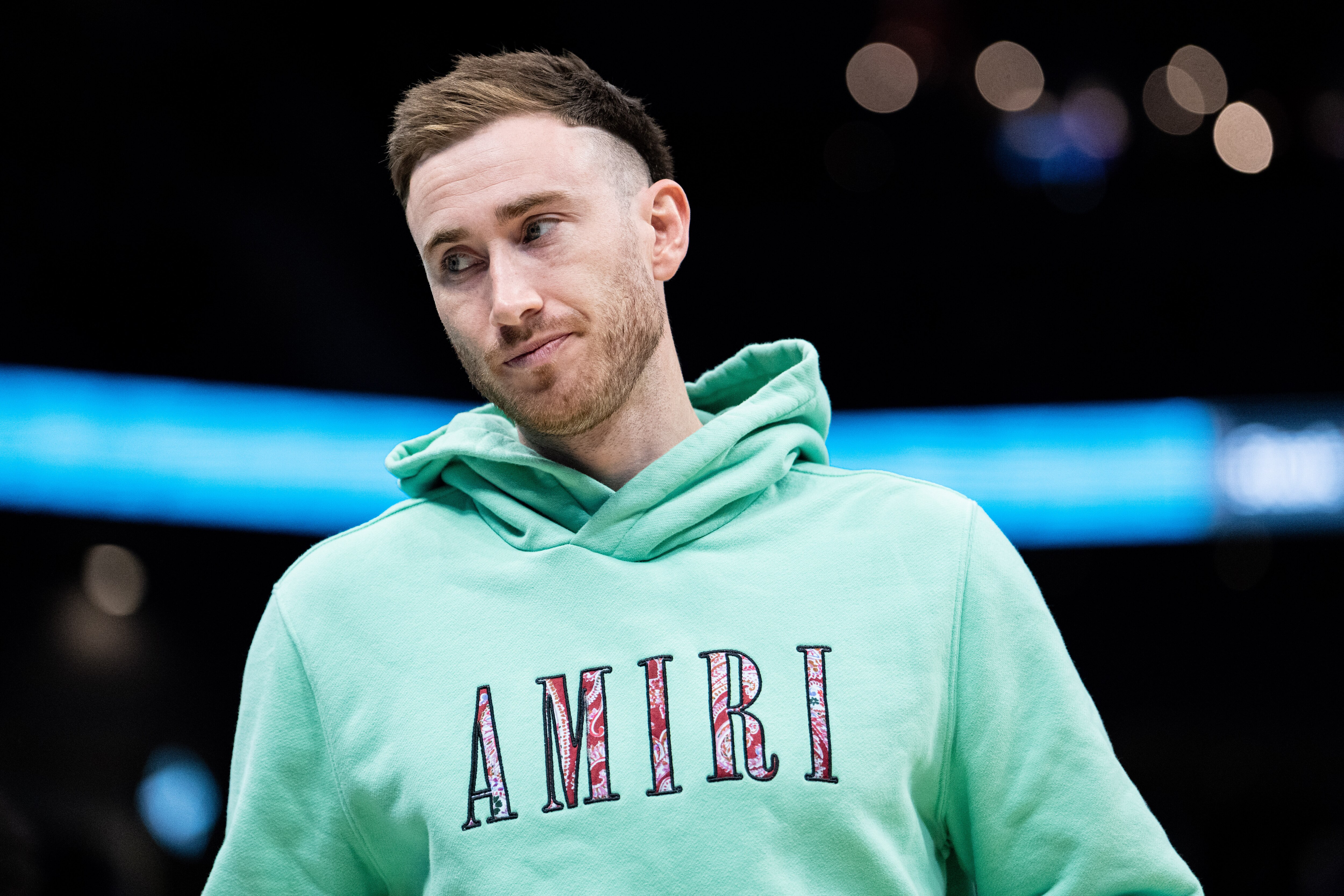 CHARLOTTE, NORTH CAROLINA - MARCH 28: Gordon Hayward of the Charlotte Hornets looks on in the first quarter against the Denver Nuggets at Spectrum Center on March 28, 2022 in Charlotte, North Carolina. NOTE TO USER: User expressly acknowledges and agrees that, by downloading and or using this photograph, User is consenting to the terms and conditions of the Getty Images License Agreement. (Photo by Jacob Kupferman/Getty Images)