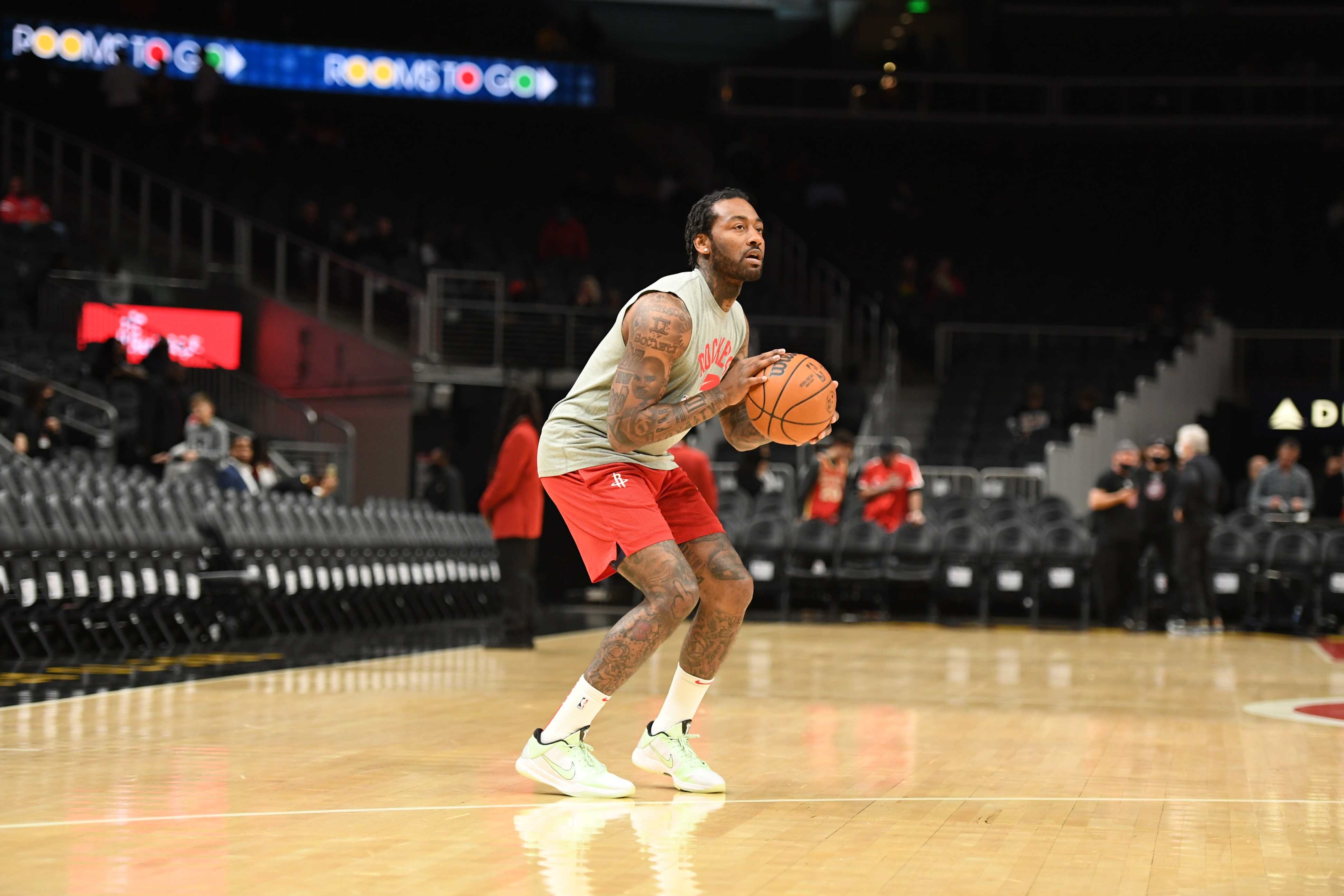 ATLANTA, GA - DECEMBER 13: John Wall #1 of the Houston Rockets warms up before the game against the Atlanta Hawks on December 13, 2021 at State Farm Arena in Atlanta, Georgia. NOTE TO USER: User expressly acknowledges and agrees that, by downloading and/or using this Photograph, user is consenting to the terms and conditions of the Getty Images License Agreement. Mandatory Copyright Notice: Copyright 2021 NBAE (Photo by Adam Hagy/NBAE via Getty Images) ATLANTA, GA - DECEMBER 13: John Wall #1 of the Houston Rockets warms up before the game against the Atlanta Hawks on December 13, 2021 at State Farm Arena in Atlanta, Georgia. NOTE TO USER: User expressly acknowledges and agrees that, by downloading and/or using this Photograph, user is consenting to the terms and conditions of the Getty Images License Agreement. Mandatory Copyright Notice: Copyright 2021 NBAE (Photo by Adam Hagy/NBAE via Getty Images)