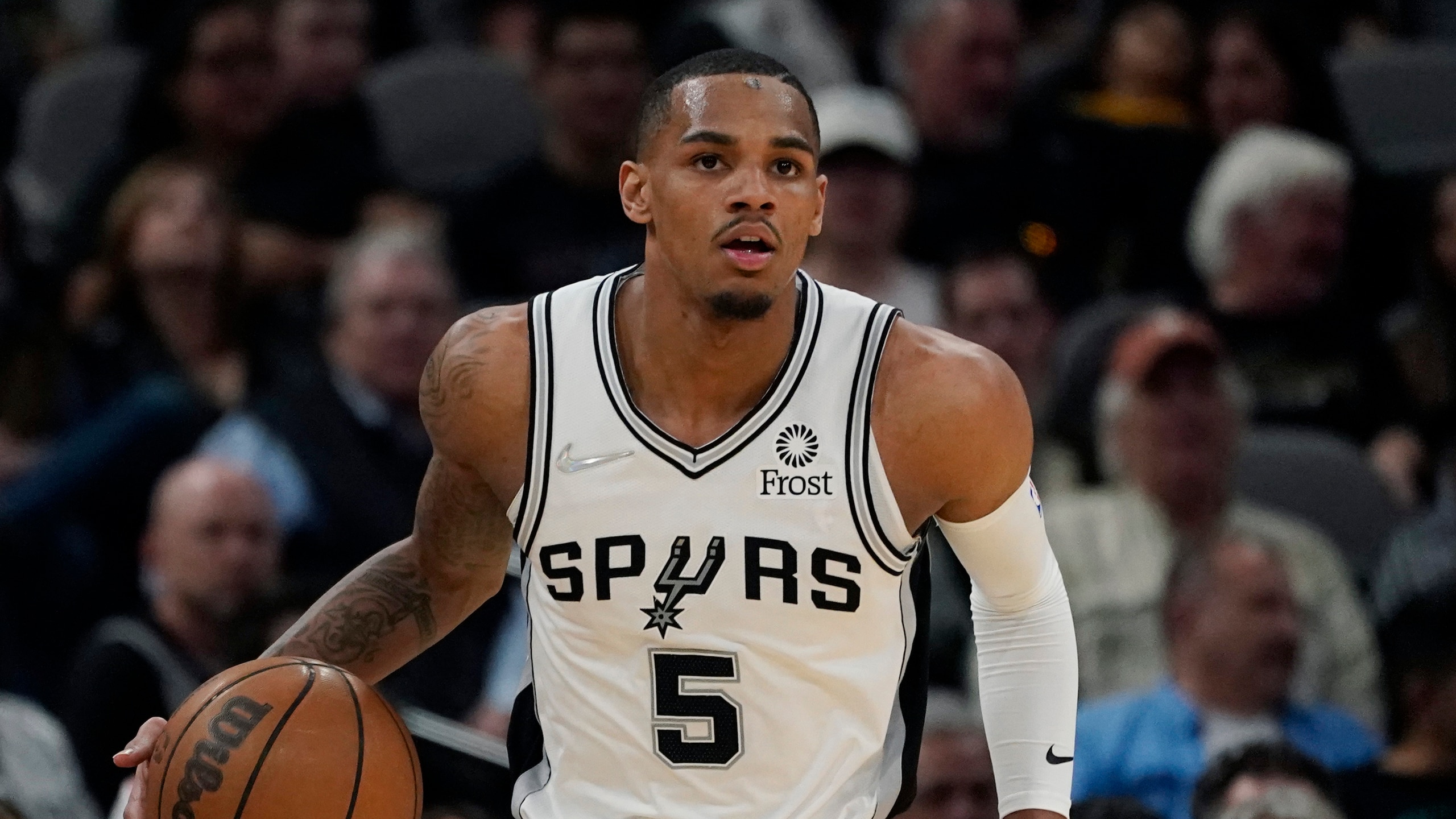 San Antonio Spurs guard Dejounte Murray (5) during the second half of an NBA basketball game against the Oklahoma City Thunder, Wednesday, March 16, 2022, in San Antonio. (AP Photo/Eric Gay)