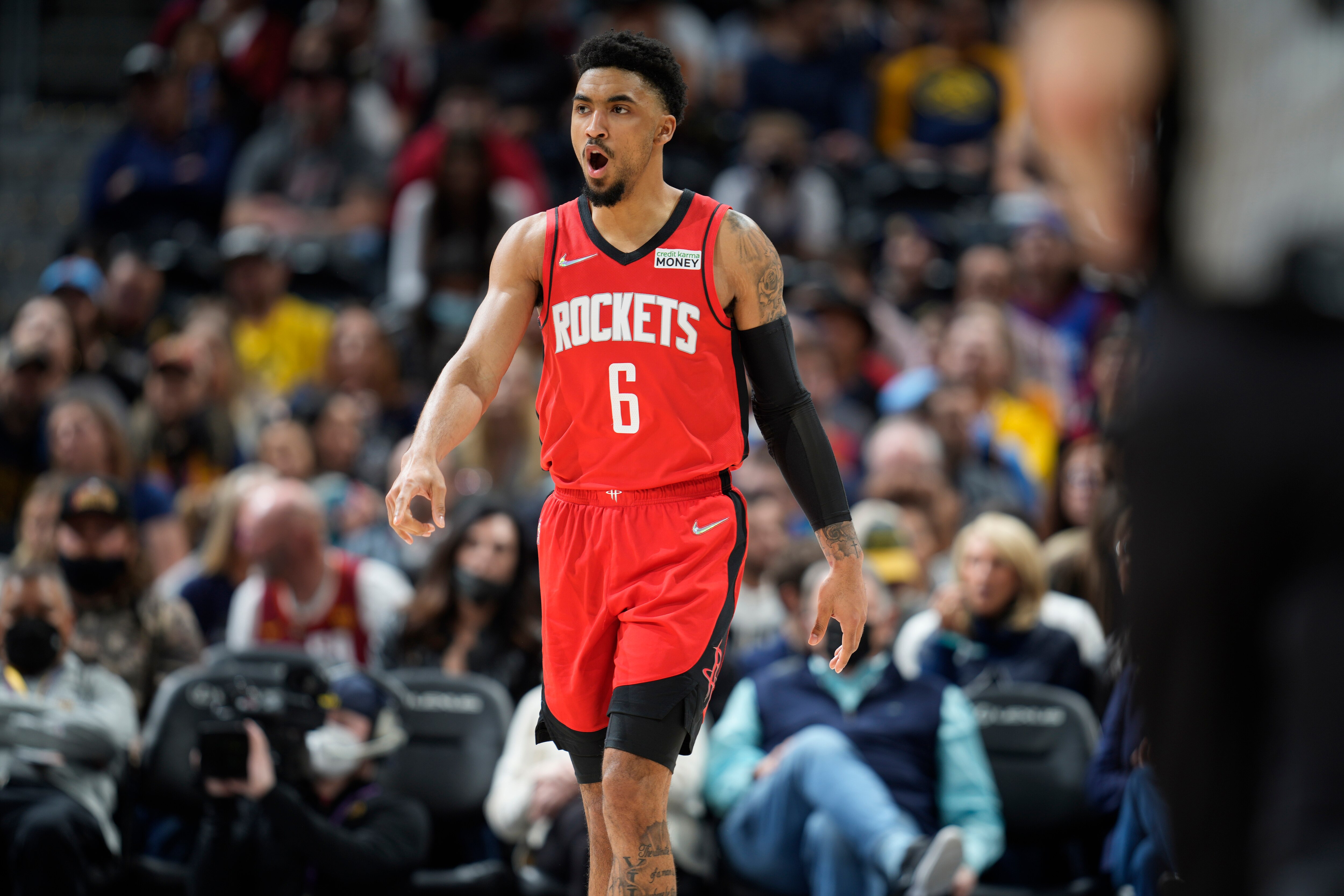 Houston Rockets forward Kenyon Martin Jr. (6) in the first half of an NBA basketball game Friday, March 4, 2022, in Denver. (AP Photo/David Zalubowski)