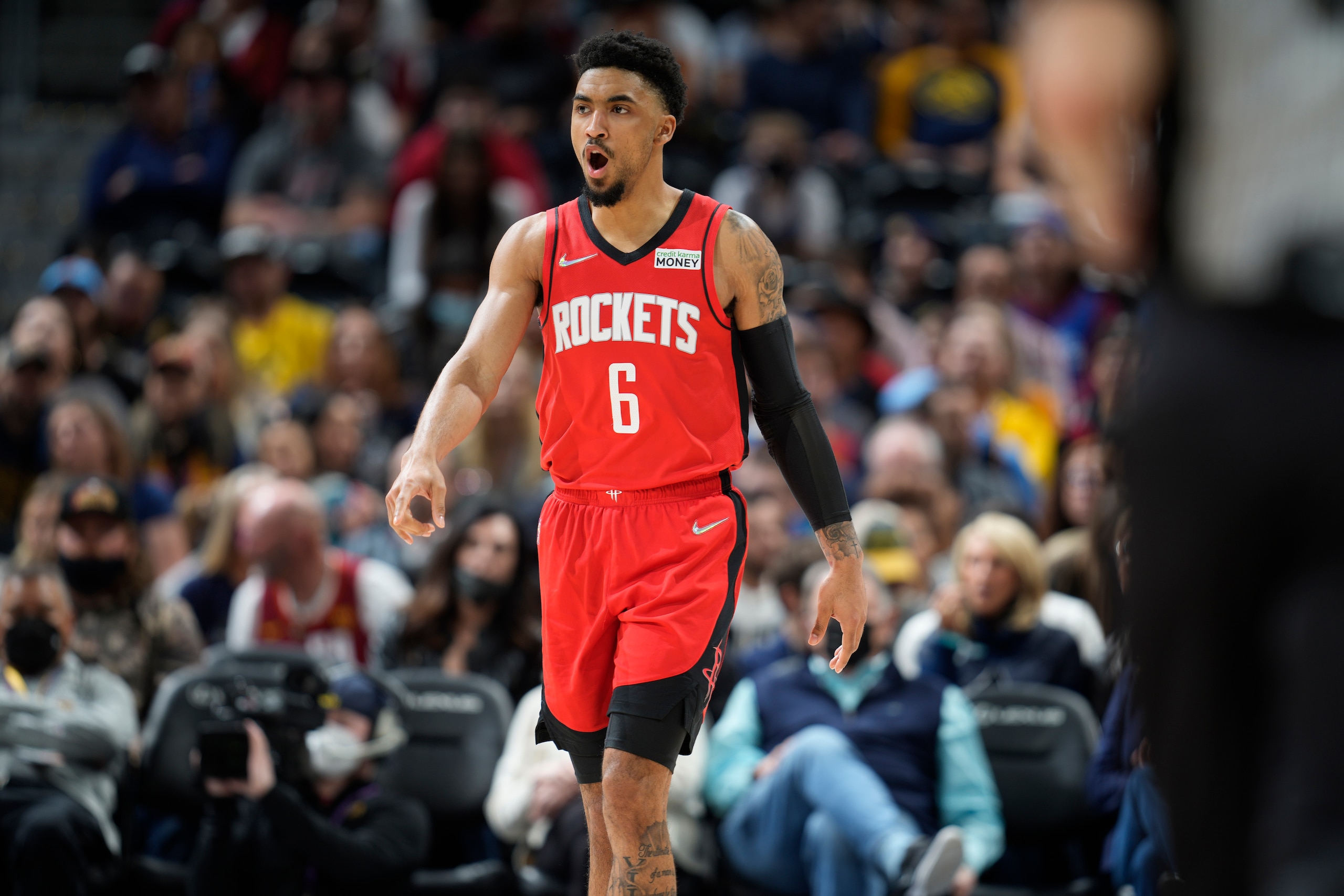 Houston Rockets forward Kenyon Martin Jr. (6) in the first half of an NBA basketball game Friday, March 4, 2022, in Denver. (AP Photo/David Zalubowski)