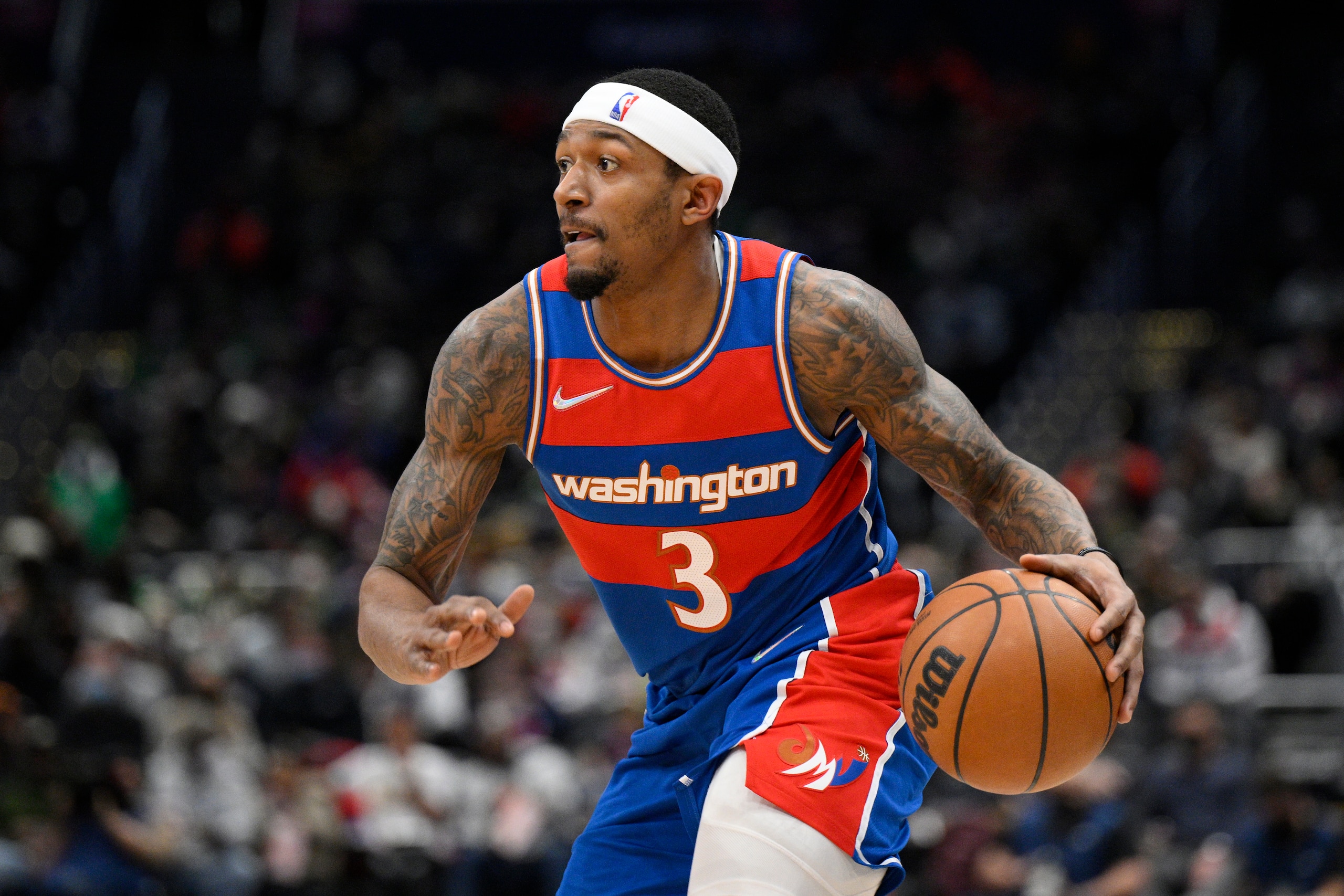Washington Wizards guard Bradley Beal (3) in action during the second half of an NBA basketball game against the Boston Celtics, Sunday, Jan. 23, 2022, in Washington. The Celtics won 116-87. (AP Photo/Nick Wass) Washington Wizards guard Bradley Beal (3) in action during the second half of an NBA basketball game against the Boston Celtics, Sunday, Jan. 23, 2022, in Washington. The Celtics won 116-87. (AP Photo/Nick Wass)