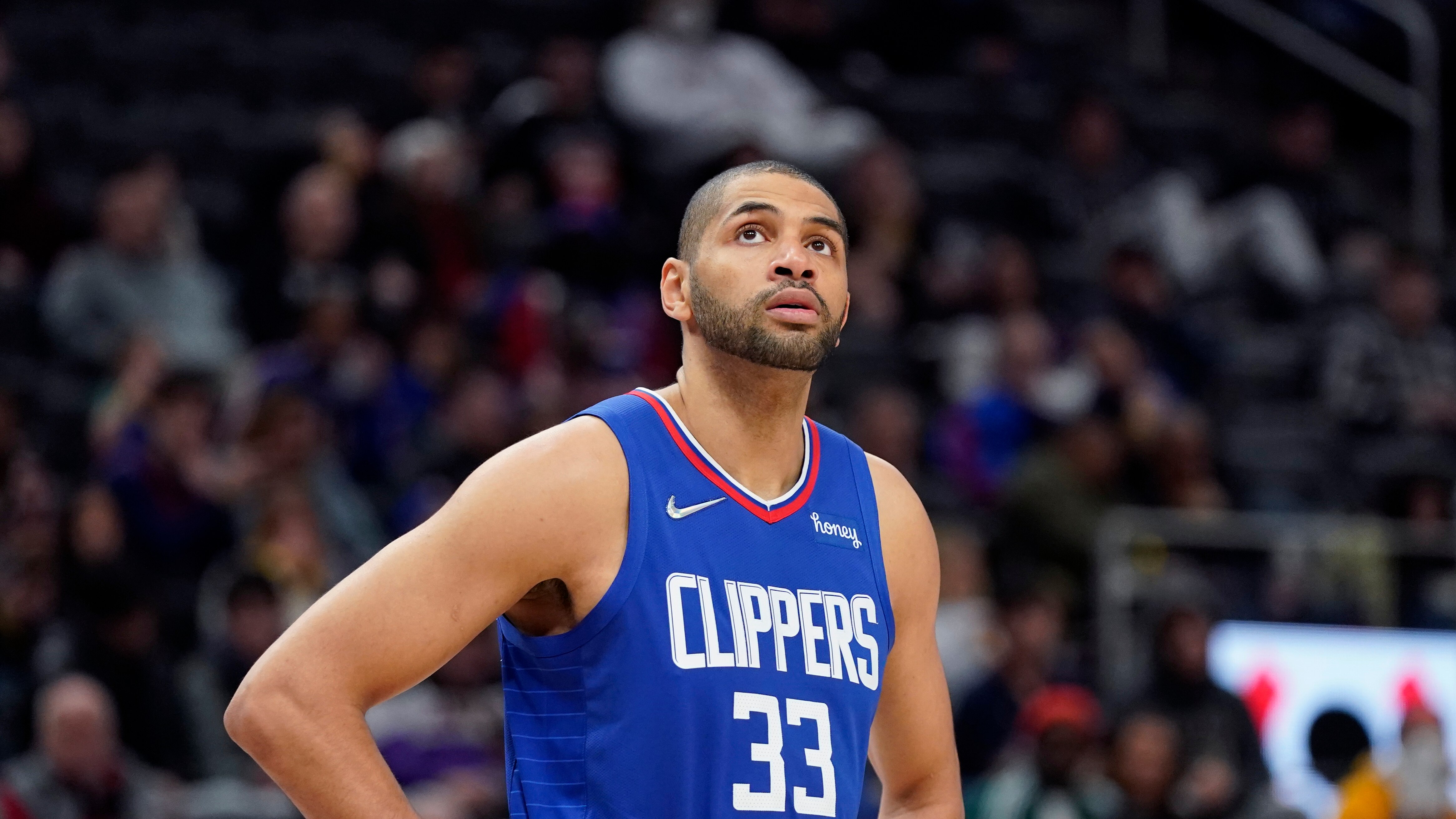 Los Angeles Clippers forward Nicolas Batum plays during the first half of an NBA basketball game, Sunday, March 13, 2022, in Detroit. (AP Photo/Carlos Osorio)