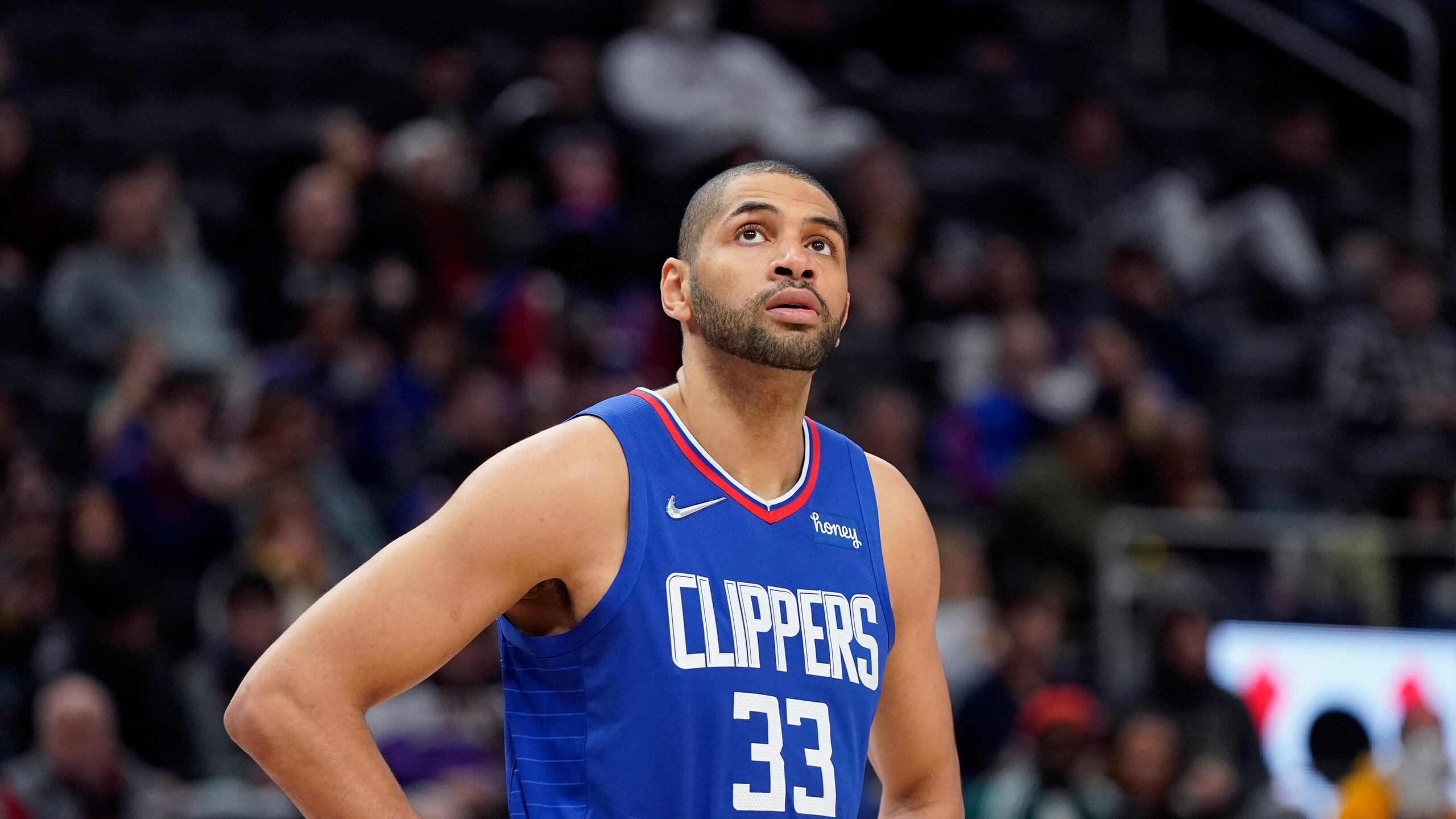 Los Angeles Clippers forward Nicolas Batum plays during the first half of an NBA basketball game, Sunday, March 13, 2022, in Detroit. (AP Photo/Carlos Osorio)