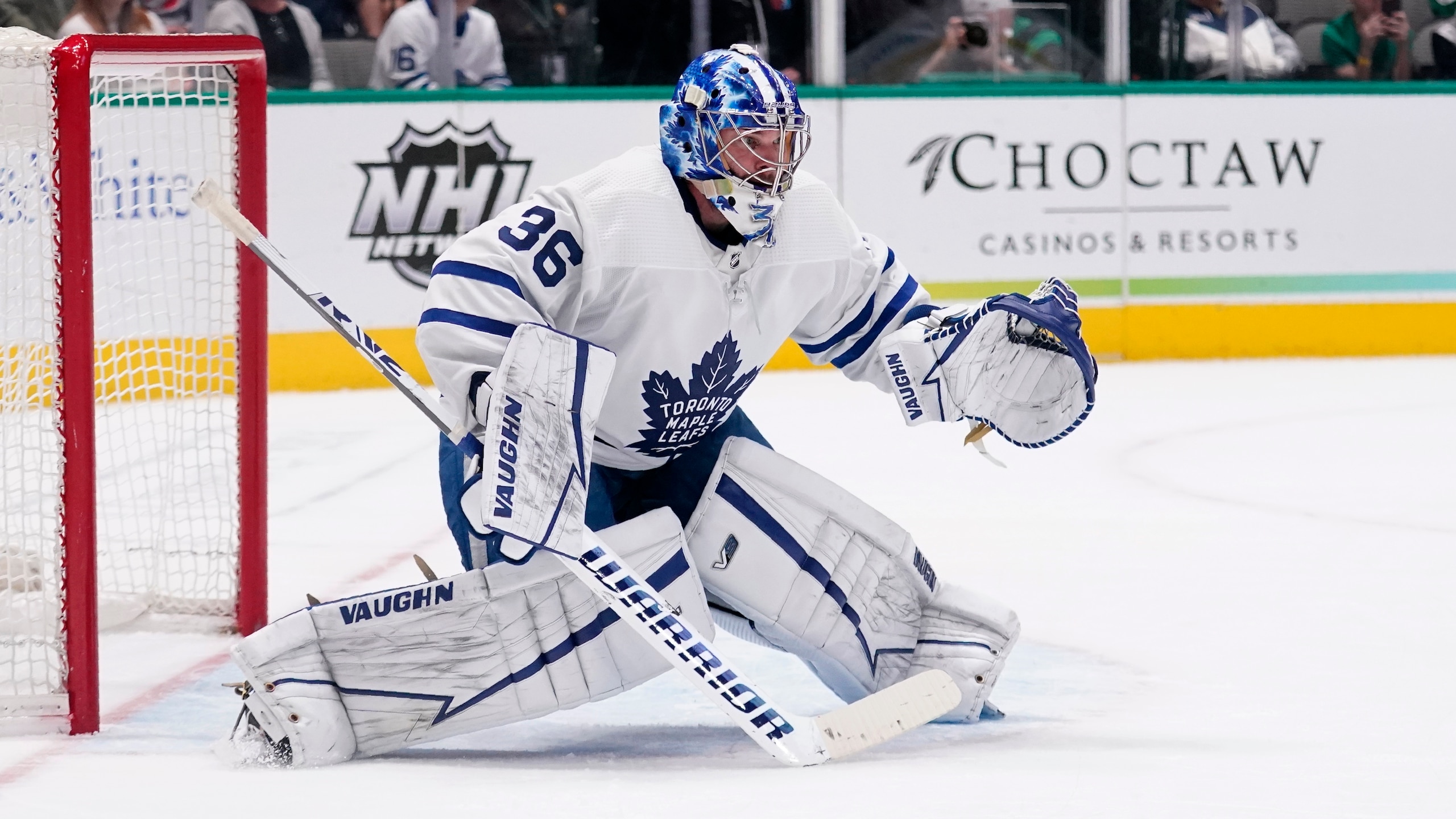 Toronto Maple Leafs goaltender Jack Campbell minds the net during an NHL hockey game against the Dallas Stars, Thursday, April 7, 2022, in Dallas. (AP Photo/Tony Gutierrez)