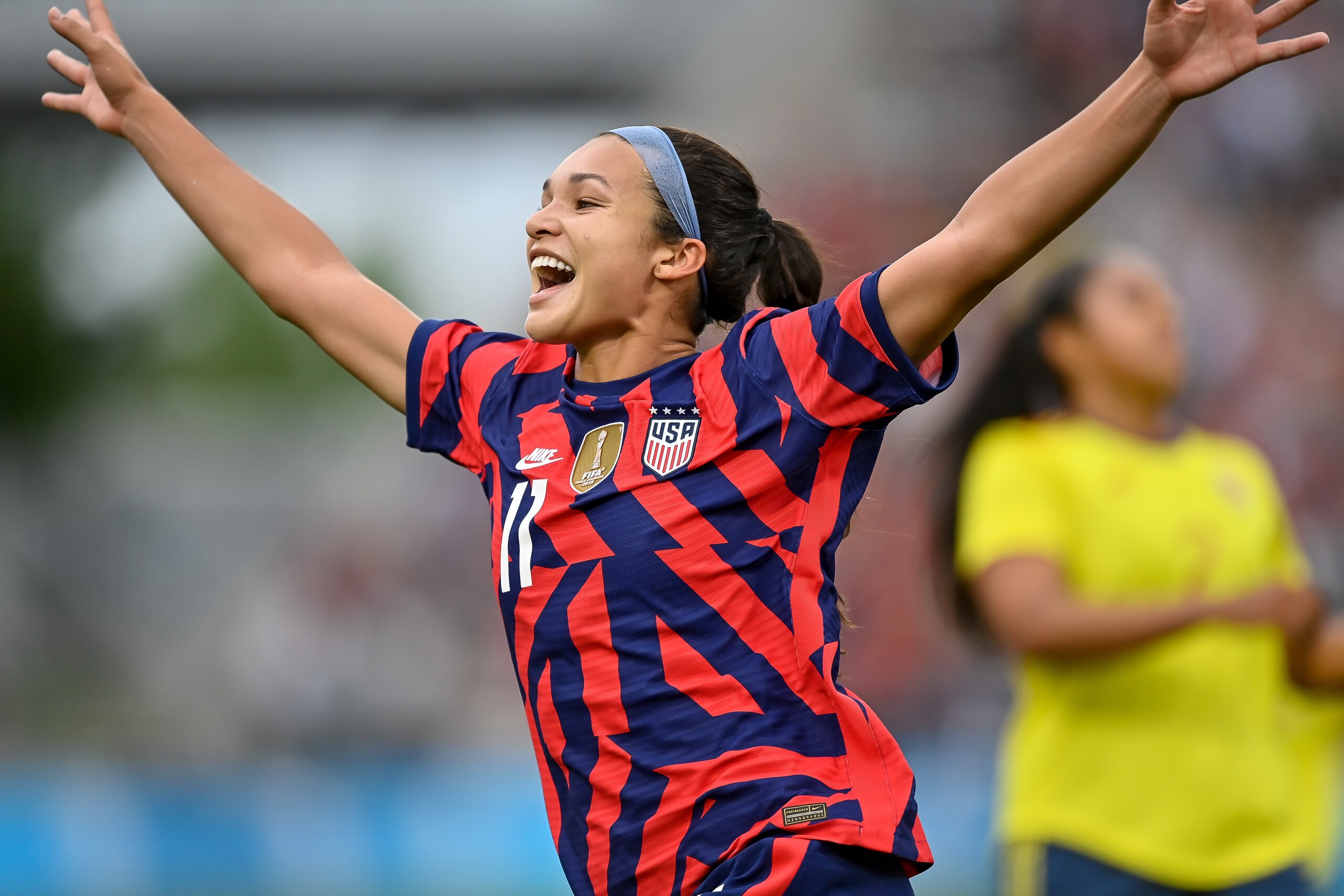 COMMERCE CITY, CO - JUNE 25: USA forward Sophia Smith (11) celebrates after scoring her second goal of the match in the second half of a friendly match between the United States and Columbia on June 25, 2022 at  (Photo by Dustin Bradford/Icon Sportswire via Getty Images)