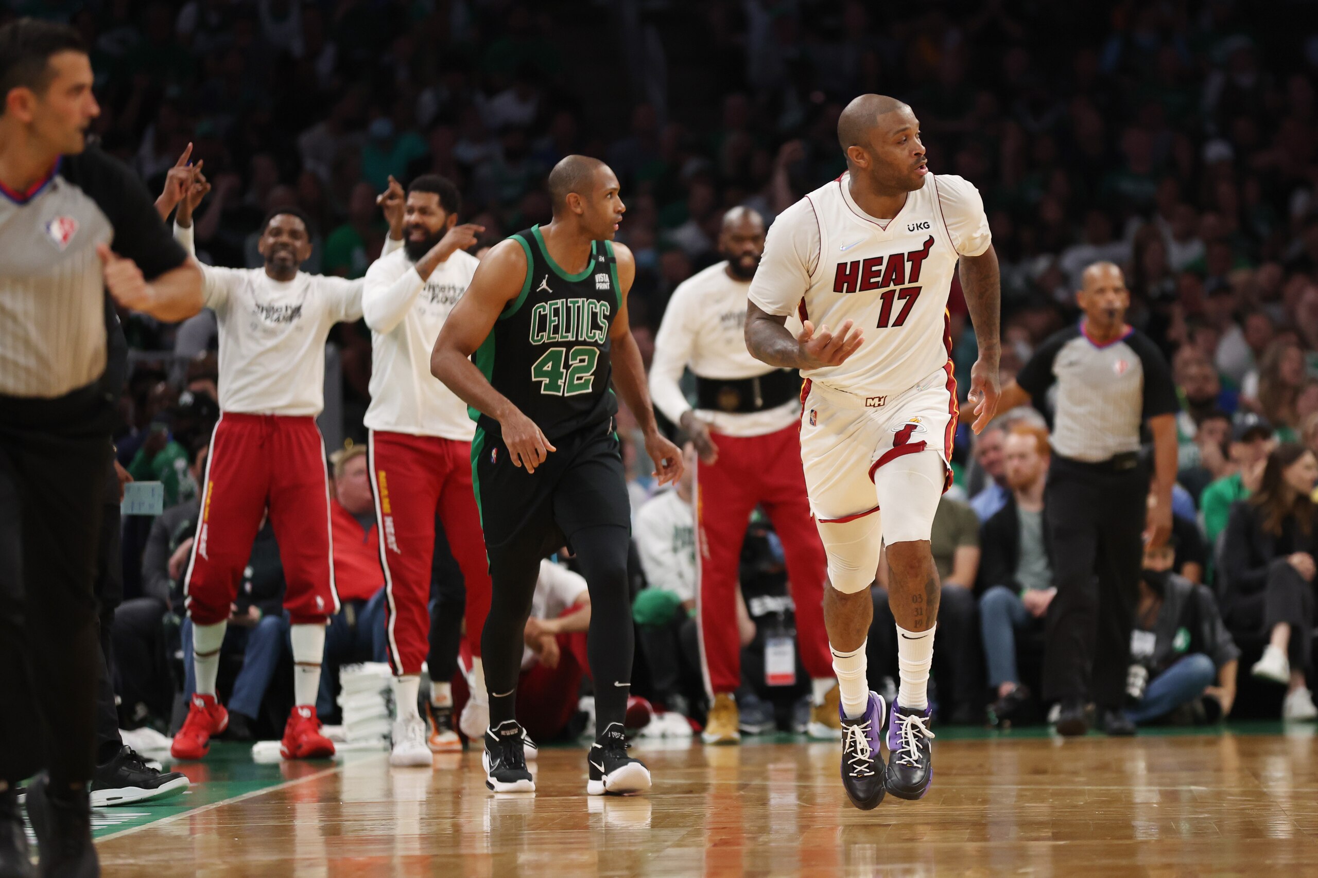 BOSTON, MASSACHUSETTS - MAY 27: P.J. Tucker #17 of the Miami Heat celebrates after his made three point basket against the Boston Celtics during the second quarter in Game Six of the 2022 NBA Playoffs Eastern Conference Finals at TD Garden on May 27, 2022 in Boston, Massachusetts. NOTE TO USER: User expressly acknowledges and agrees that, by downloading and/or using this photograph, User is consenting to the terms and conditions of the Getty Images License Agreement. (Photo by Maddie Meyer/Getty Images) BOSTON, MASSACHUSETTS - MAY 27: P.J. Tucker #17 of the Miami Heat celebrates after his made three point basket against the Boston Celtics during the second quarter in Game Six of the 2022 NBA Playoffs Eastern Conference Finals at TD Garden on May 27, 2022 in Boston, Massachusetts. NOTE TO USER: User expressly acknowledges and agrees that, by downloading and/or using this photograph, User is consenting to the terms and conditions of the Getty Images License Agreement. (Photo by Maddie Meyer/Getty Images)