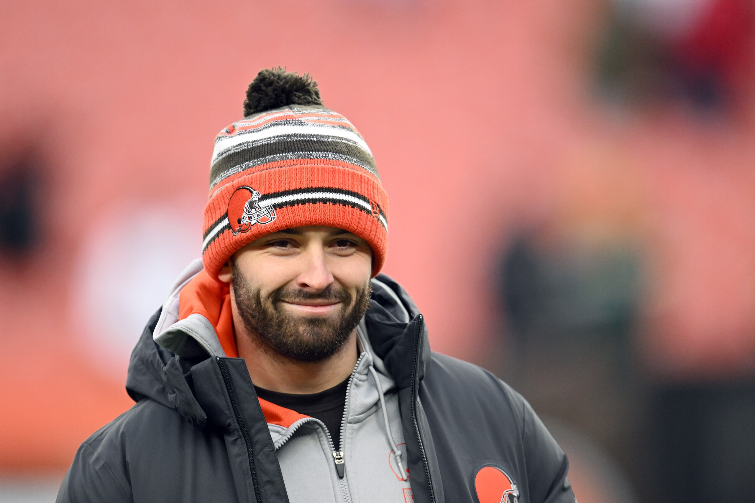 CLEVELAND, OHIO - JANUARY 09: Baker Mayfield #6 of the Cleveland Browns looks on during warm-ups before the game against the Cincinnati Bengals at FirstEnergy Stadium on January 09, 2022 in Cleveland, Ohio. (Photo by Jason Miller/Getty Images)
