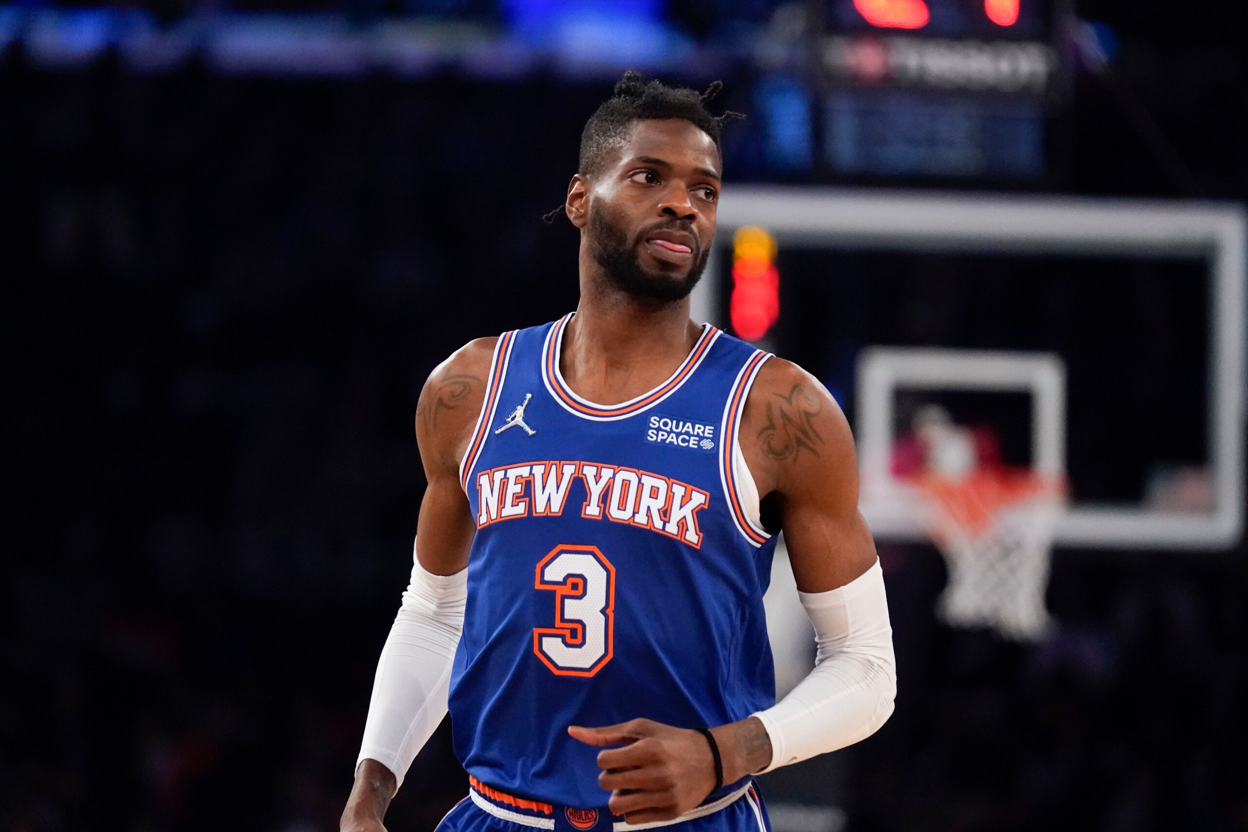New York Knicks' Nerlens Noel during the first half of an NBA basketball game against the Memphis Grizzlies, Wednesday, Feb. 2, 2022, in New York. (AP Photo/Seth Wenig)