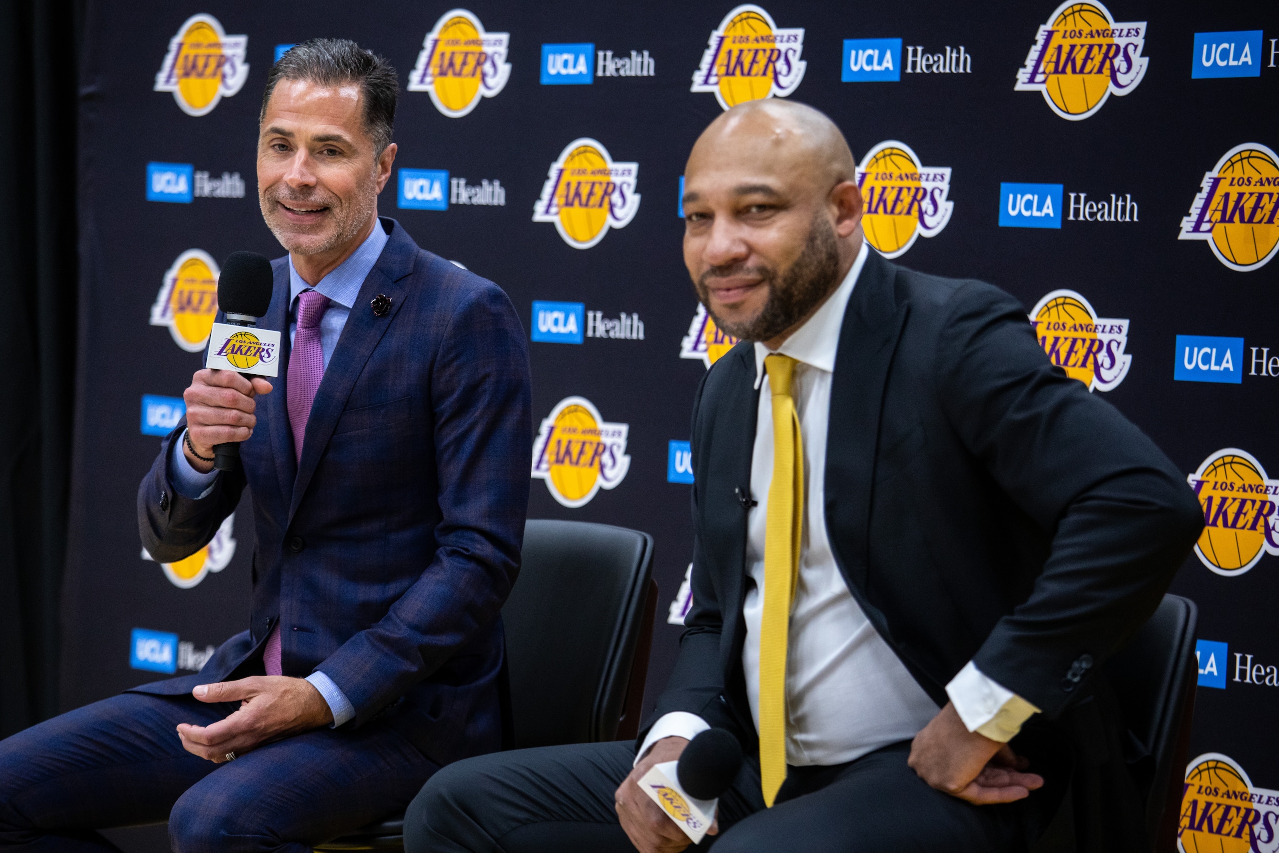 El Segundo, CA - June 06: New Los Angeles Lakers head coach Darvin Ham, with Lakers general manager Rob Pelinka, at the UCLA Health Training Center, in El Segundo, CA,  Monday, June 6, 2022.  (Jay L. Clendenin / Los Angeles Times via Getty Images)