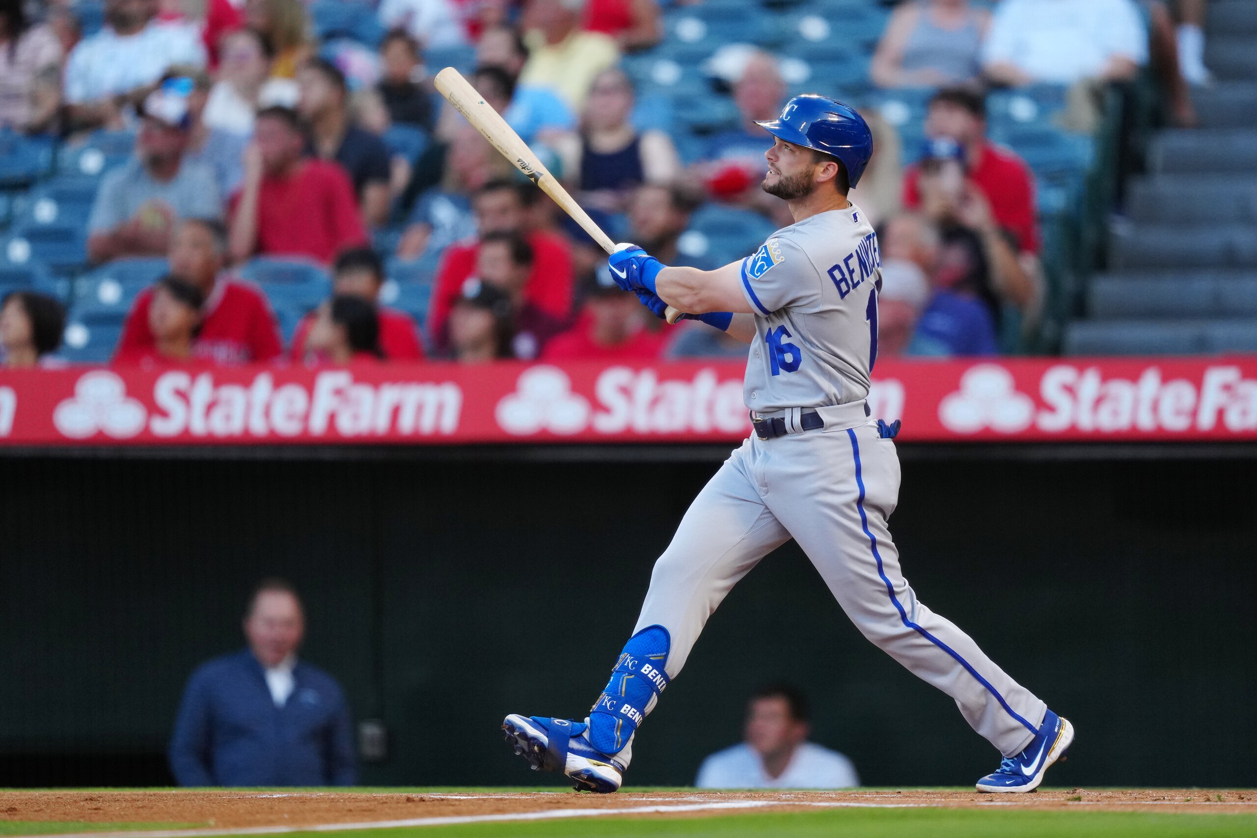 ANAHEIM, CA - JUNE 20: Andrew Benintendi #16 of the Kansas City Royals hits a home run during the game between the Kansas City Royals and the Los Angeles Angels at Angel Stadium on Monday, June 20, 2022 in Anaheim, California. (Photo by Daniel Shirey/MLB Photos via Getty Images) ANAHEIM, CA - JUNE 20: Andrew Benintendi #16 of the Kansas City Royals hits a home run during the game between the Kansas City Royals and the Los Angeles Angels at Angel Stadium on Monday, June 20, 2022 in Anaheim, California. (Photo by Daniel Shirey/MLB Photos via Getty Images)
