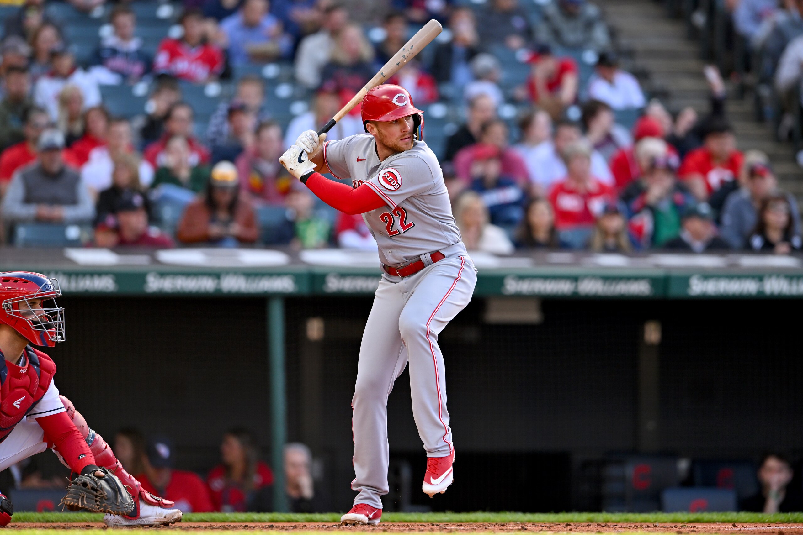 CLEVELAND, OHIO - MAY 17: Brandon Drury #22 of the Cincinnati Reds at bat during the third inning against the Cleveland Guardians at Progressive Field on May 17, 2022 in Cleveland, Ohio. (Photo by Jason Miller/Getty Images)
