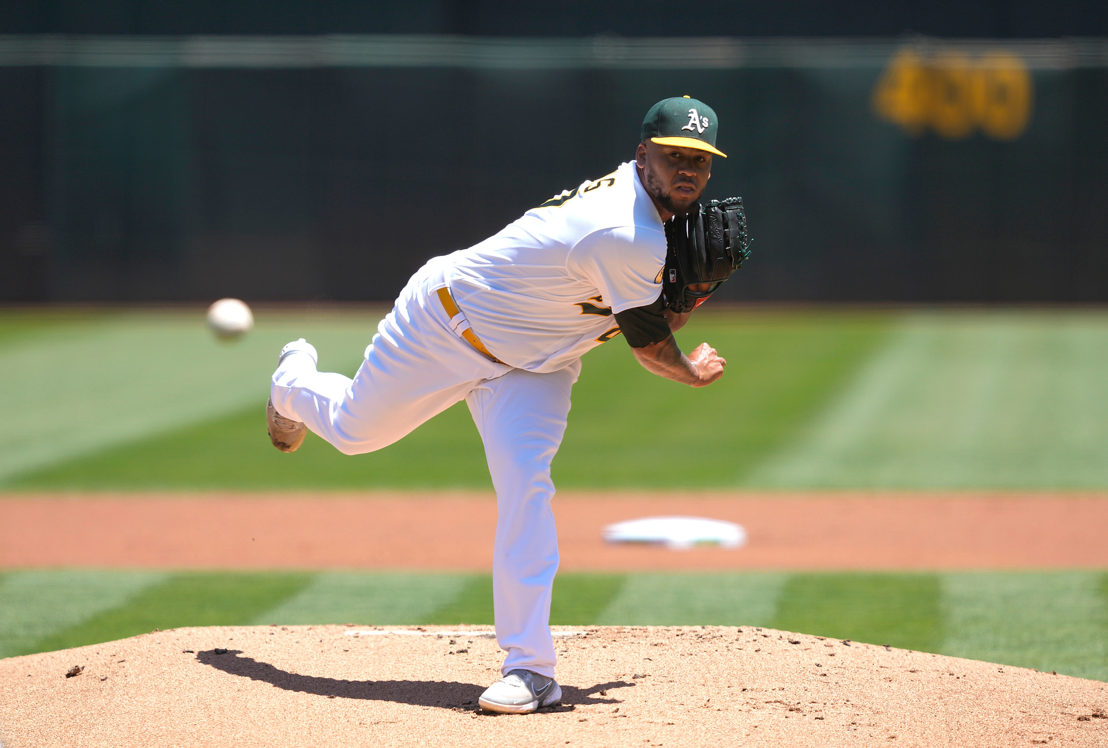 OAKLAND, CALIFORNIA - JUNE 23: Frankie Montas #47 of the Oakland Athletics pitches against the Seattle Mariners in the top of the first inning at RingCentral Coliseum on June 23, 2022 in Oakland, California. (Photo by Thearon W. Henderson/Getty Images)