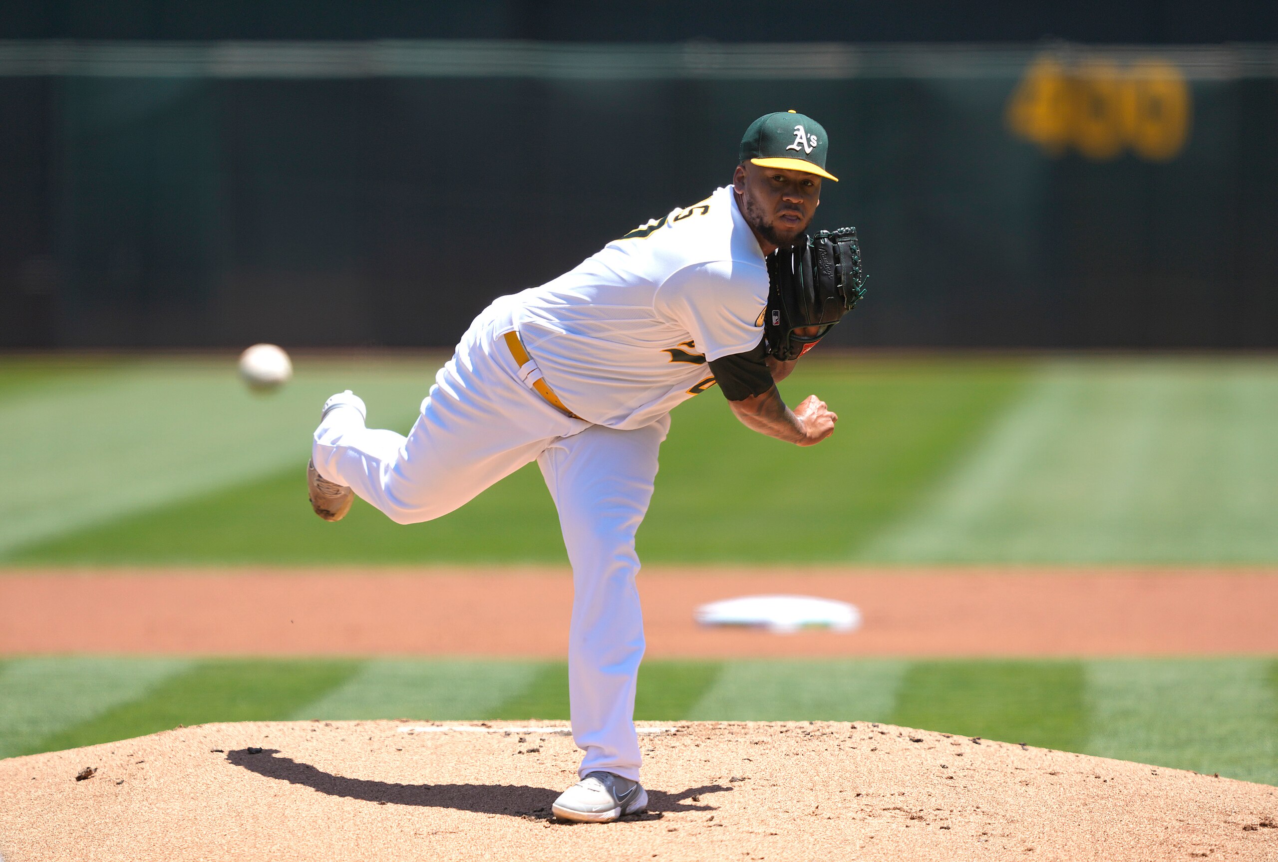 OAKLAND, CALIFORNIA - JUNE 23: Frankie Montas #47 of the Oakland Athletics pitches against the Seattle Mariners in the top of the first inning at RingCentral Coliseum on June 23, 2022 in Oakland, California. (Photo by Thearon W. Henderson/Getty Images)