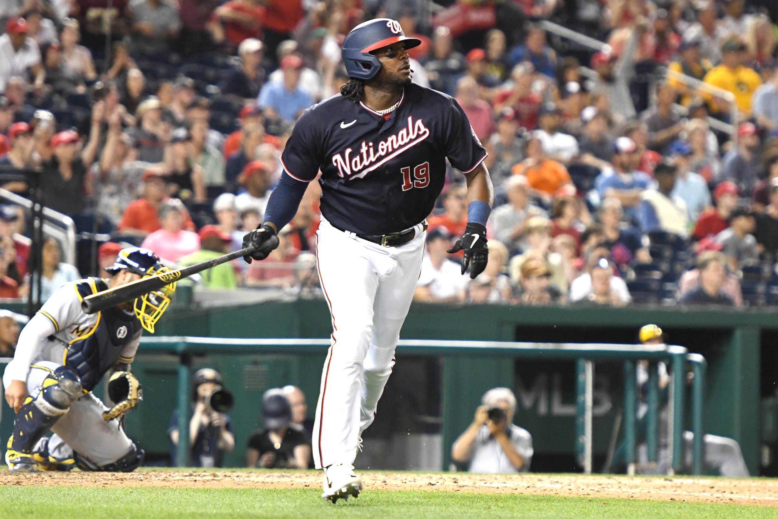 WASHINGTON, DC - JUNE 10:  Josh Bell #19 of the Washington Nationals takes a swing during a baseball game against the Washington Nationals at Nationals Park on June 10, 2022 in Washington, DC.  (Photo by Mitchell Layton/Getty Images)