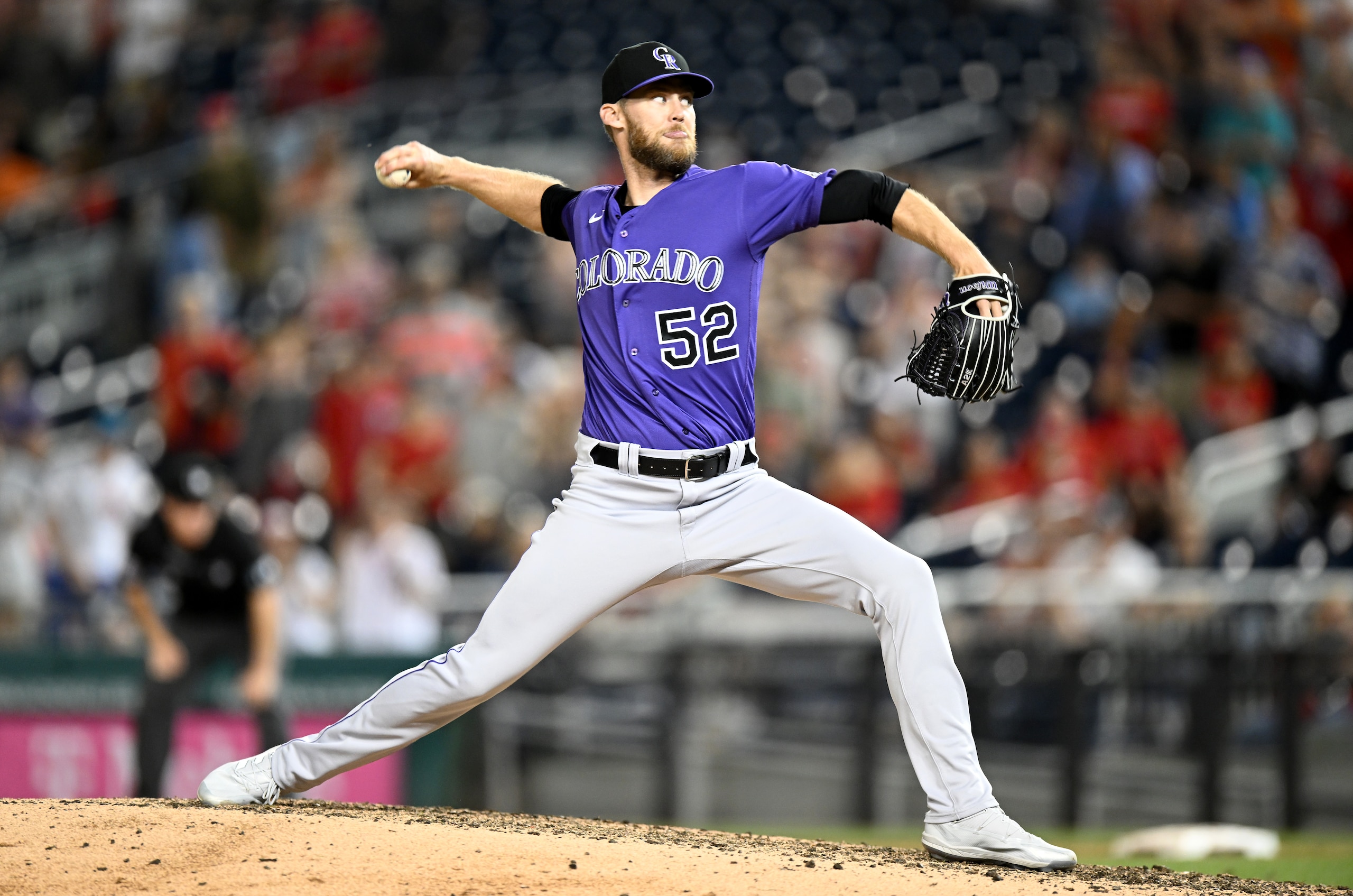 WASHINGTON, DC - MAY 28: Daniel Bard #52 of the Colorado Rockies pitches against the Washington Nationals during game two of a doubleheader  at Nationals Park on May 28, 2022 in Washington, DC. (Photo by G Fiume/Getty Images)