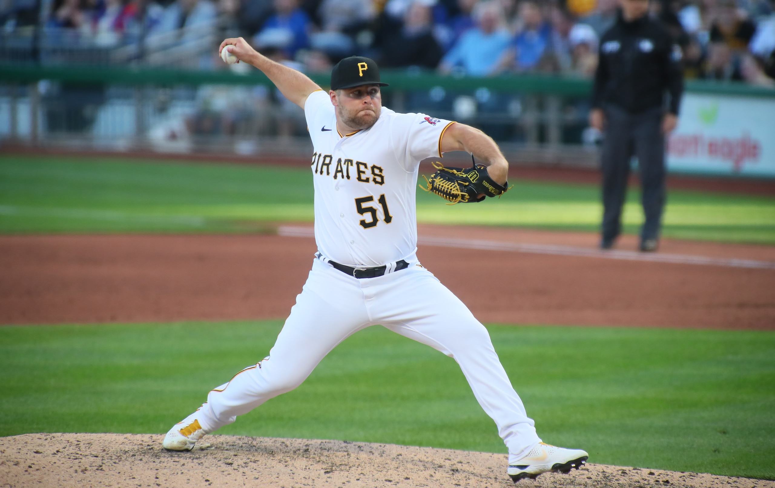 PITTSBURGH, PA - APRIL 12: David Bednar #51 of the Pittsburgh Pirates delivers a pitch during the ninth inning against the Chicago Cubs on April 12, 2022 at PNC Park in Pittsburgh, PA. (Photo by Michael Longo/Icon Sportswire via Getty Images)