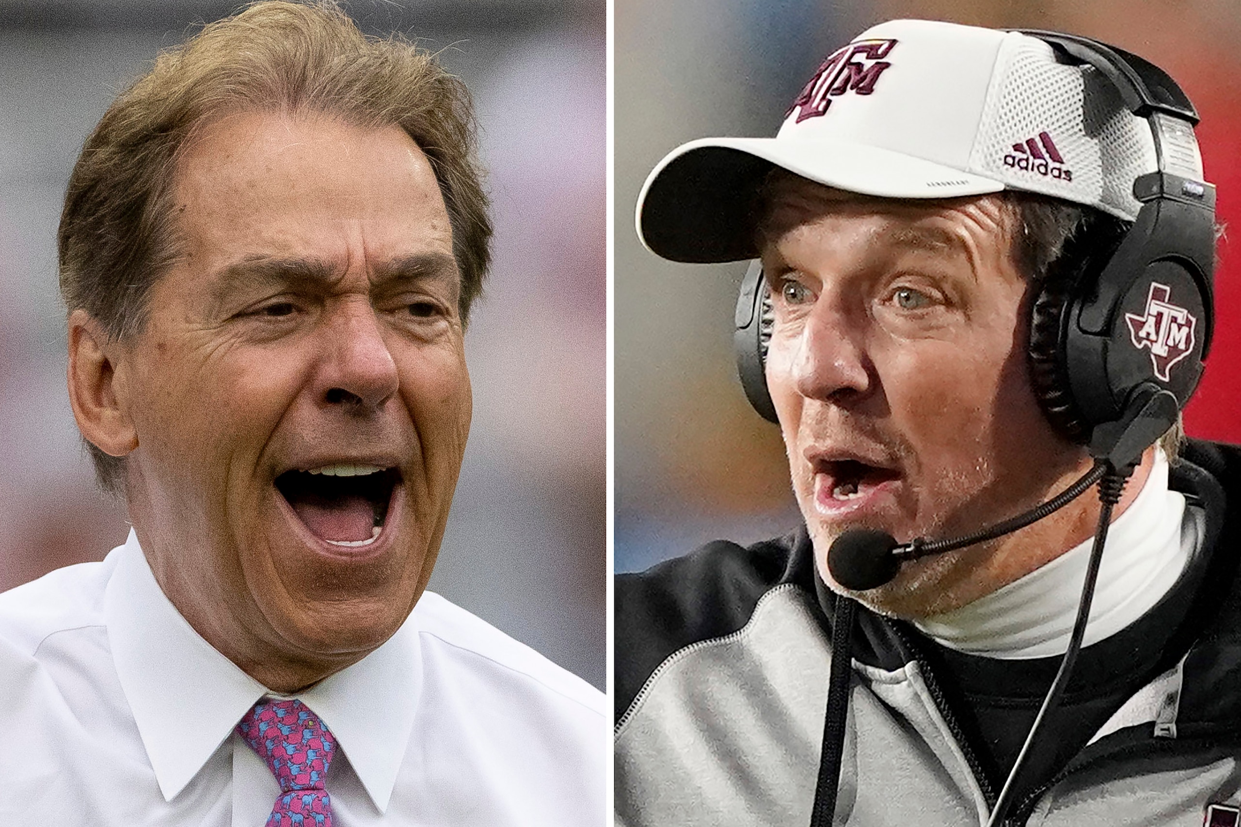 FILE - At left, Alabama head coach Nick Saban yells to the sideline during the first half of Alabama's NCAA college football scrimmage, Saturday, April 16, 2022, in Tuscaloosa, Ala. At right, Texas A&M coach Jimbo Fisher reacts to an official's call during the second half of the team's NCAA college football game against Mississippi, Saturday, Nov. 13, 2021, in Oxford, Miss. Texas A&M coach Jimbo Fisher called Nick Saban a “narcissist” Thursday, May 19, 2022. after the Alabama coach made “despicable” comments about the Aggies using name, image and likeness deals to land their top-ranked recruiting classes. Saban called out Texas A&M on Wednesday night for “buying” players. (AP Photo/File)