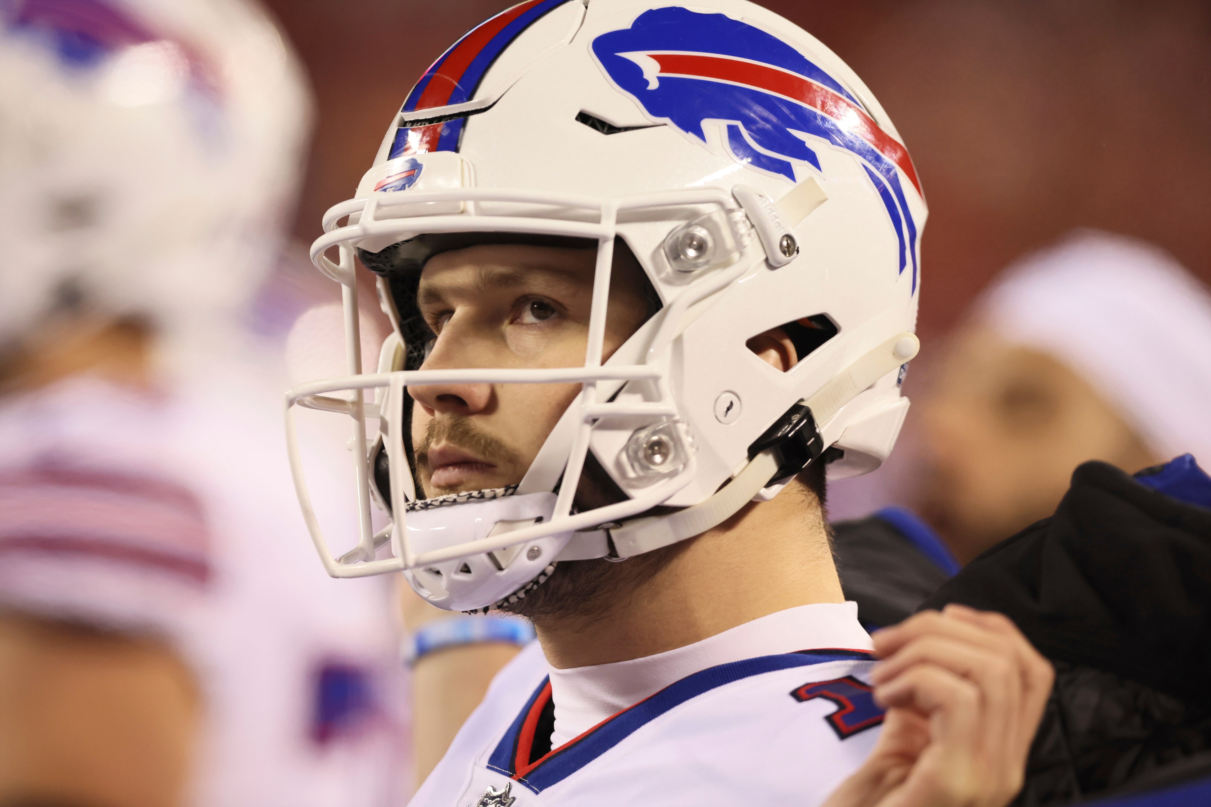 Football: NFL Playoffs: Closeup of Buffalo Bills QB Josh Allen (17) during game vs Kanas City Chiefs at Arrowhead Stadium. Kansas City, MO 1/23/2022 CREDIT: David E. Klutho (Photo by David E. Klutho/Sports Illustrated via Getty Images) (Set Number: X163914 TK1)