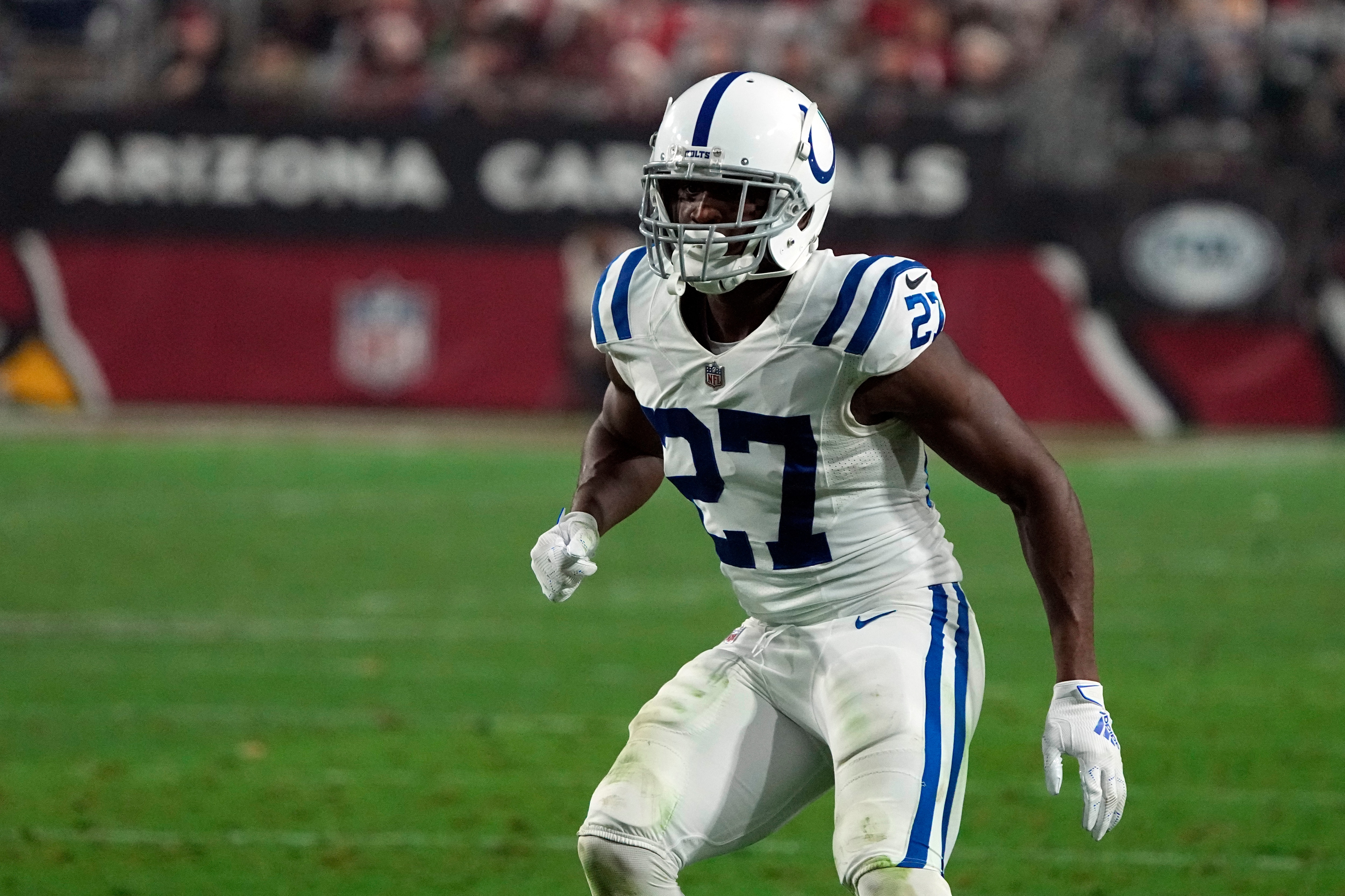 Indianapolis Colts cornerback Xavier Rhodes (27) during the second half of an NFL football game against the Arizona Cardinals, Saturday, Dec. 25, 2021, in Glendale, Ariz. (AP Photo/Rick Scuteri)