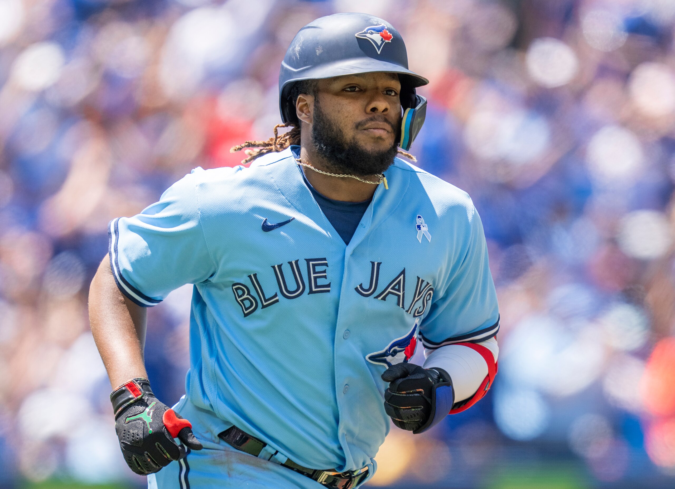 TORONTO, ON - JUNE 19: Vladimir Guerrero Jr. #27 of the Toronto Blue Jays runs the bases on his home run against the New York Yankees in the first inning during their MLB game at the Rogers Centre on June 19, 2022 in Toronto, Ontario, Canada. (Photo by Mark Blinch/Getty Images)