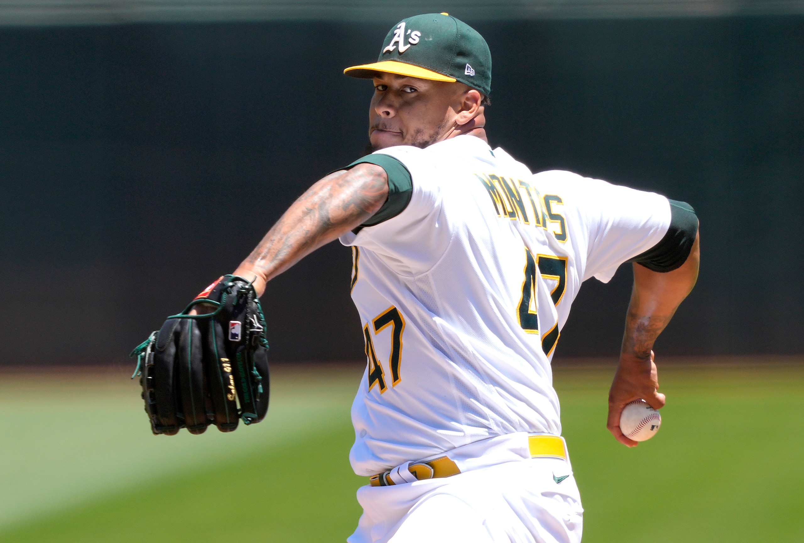 OAKLAND, CALIFORNIA - JUNE 23: Frankie Montas #47 of the Oakland Athletics pitches against the Seattle Mariners in the top of the first inning at RingCentral Coliseum on June 23, 2022 in Oakland, California. (Photo by Thearon W. Henderson/Getty Images)