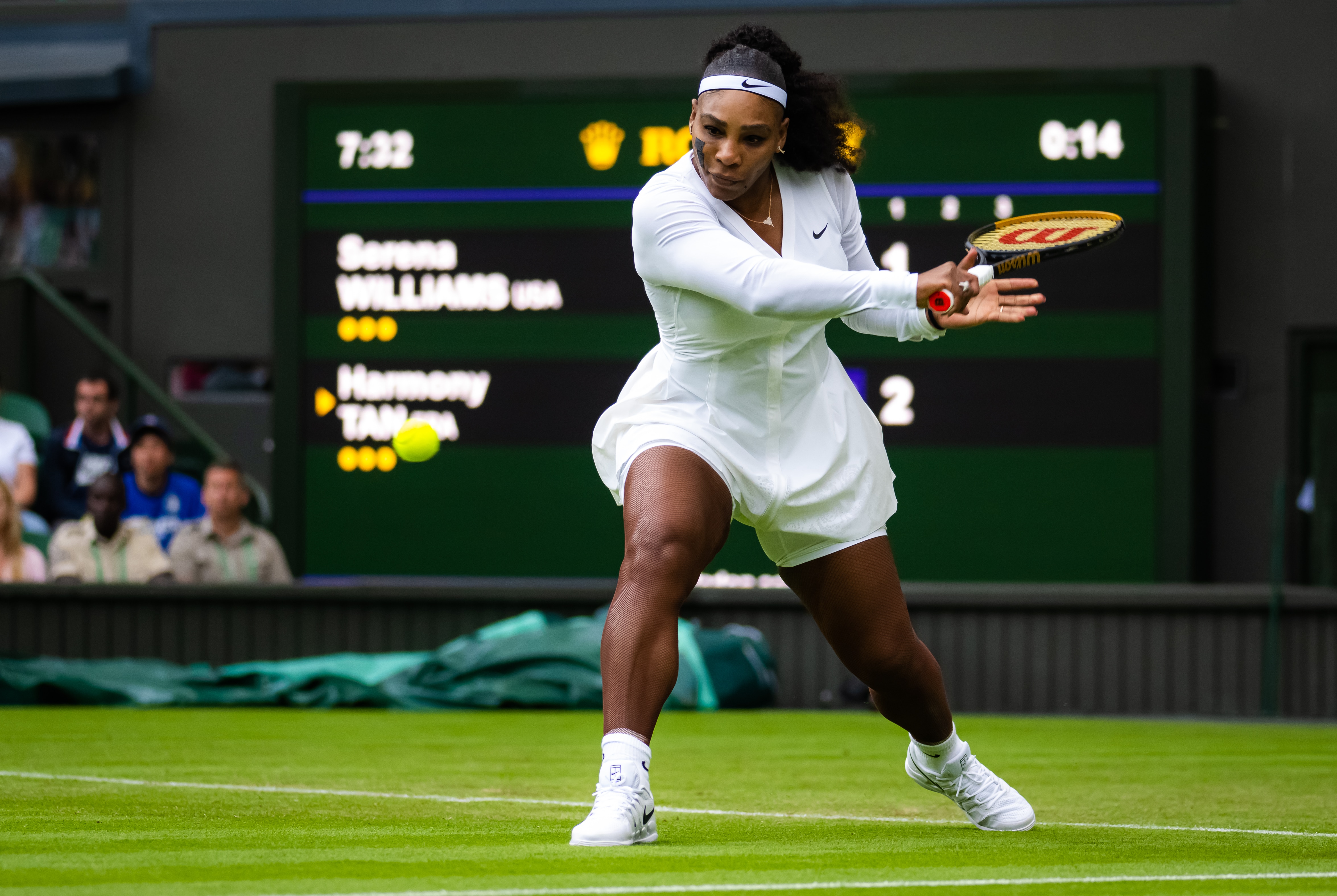 LONDON, ENGLAND - JUNE 28: Serena Williams of the United States in action against Harmony Tan of France in her first round match during Day Two of The Championships Wimbledon 2022 at All England Lawn Tennis and Croquet Club on June 28, 2022 in London, England (Photo by Robert Prange/Getty Images)