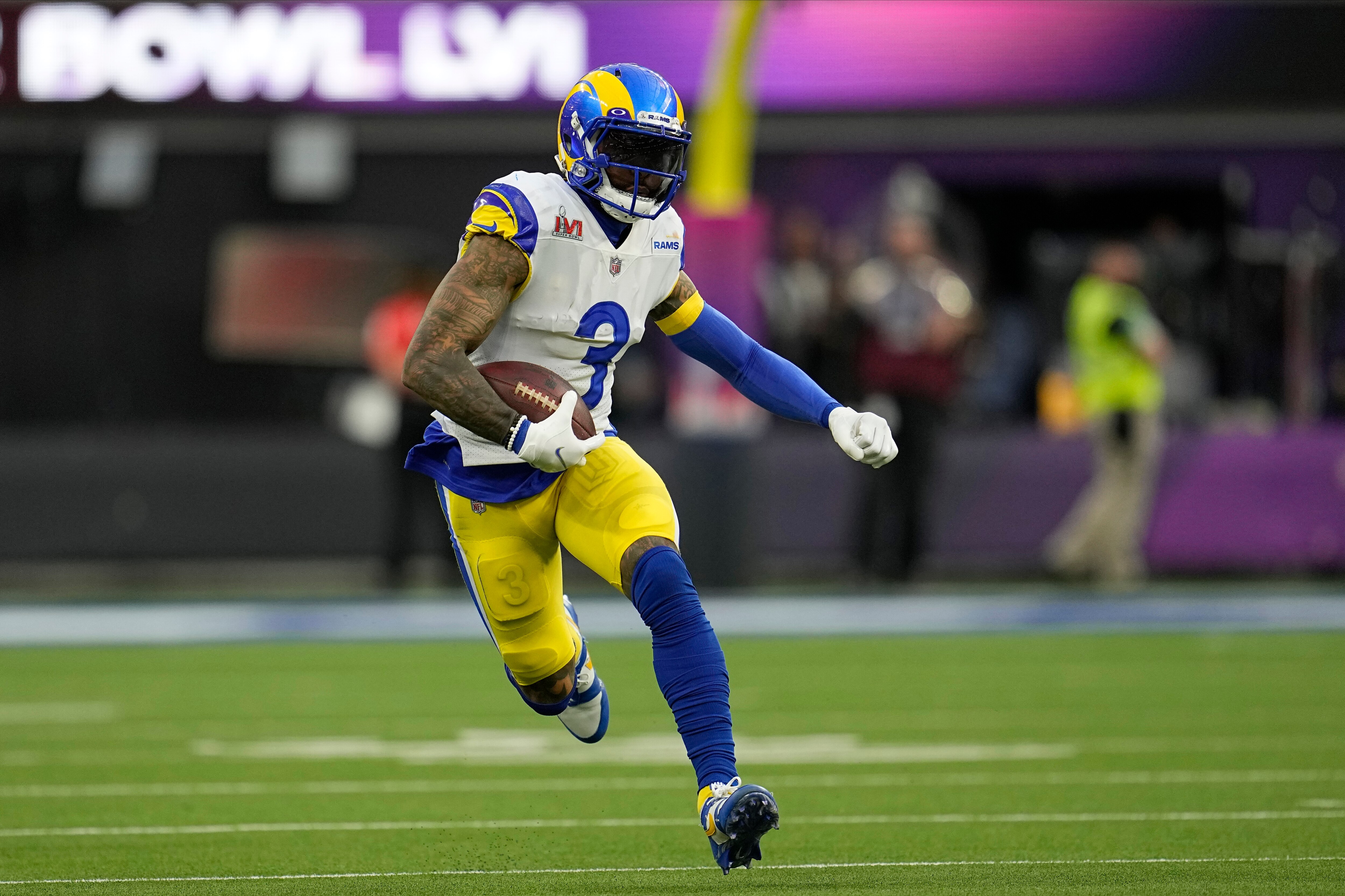 Los Angeles Rams wide receiver Odell Beckham Jr. (3) runs with the ball against the Cincinnati Bengals during the first half of the NFL Super Bowl 56 football game Sunday, Feb. 13, 2022, in Inglewood, Calif. (AP Photo/Marcio Jose Sanchez)