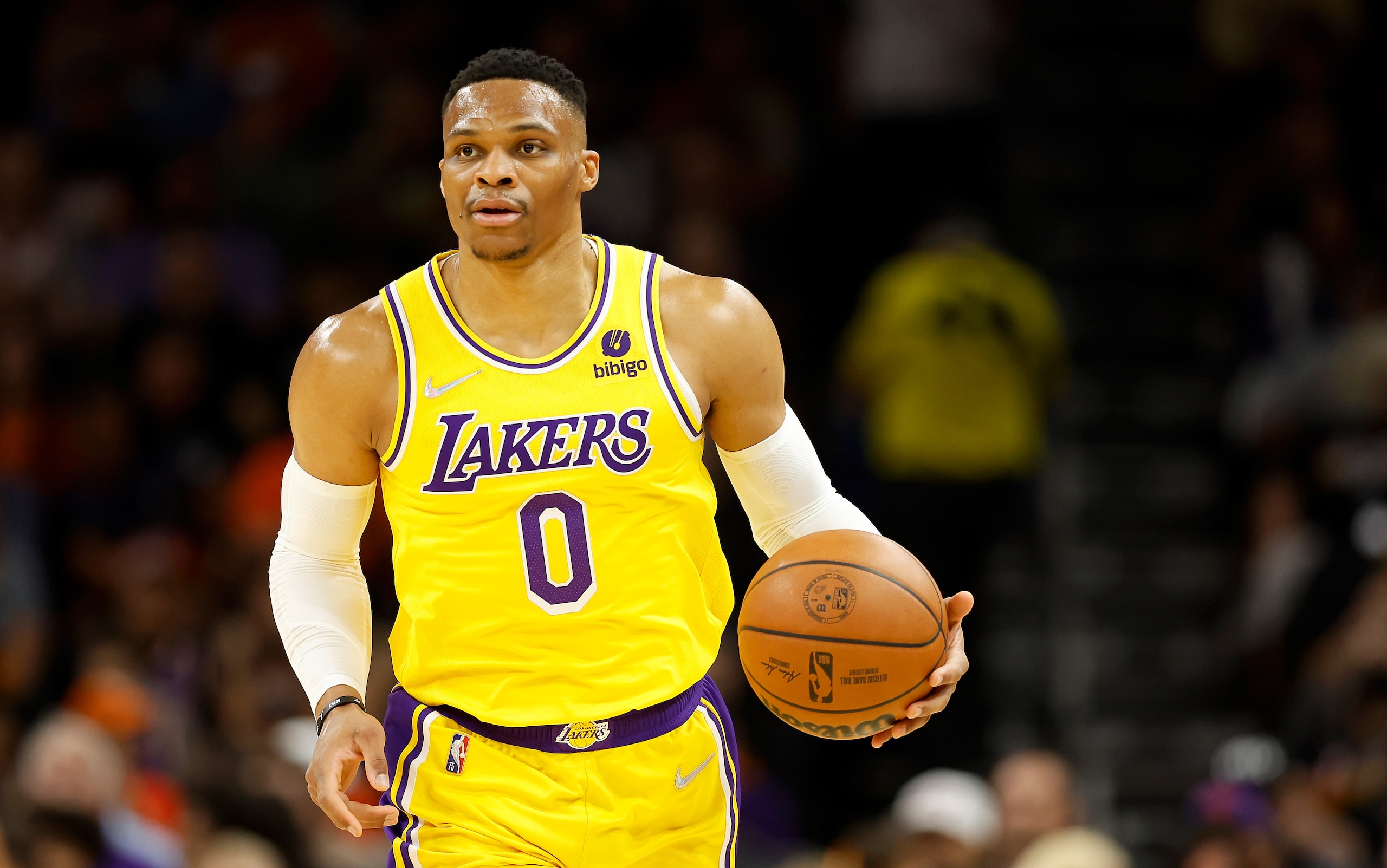 PHOENIX, ARIZONA - APRIL 05: Russell Westbrook #0 of the Los Angeles Lakers handles the ball during the first half of the NBA game at Footprint Center on April 05, 2022 in Phoenix, Arizona. NOTE TO USER: User expressly acknowledges and agrees that,
by downloading and or using this photograph, User is consenting to the terms and conditions of the Getty Images License Agreement. (Photo by Christian Petersen/Getty Images) PHOENIX, ARIZONA - APRIL 05: Russell Westbrook #0 of the Los Angeles Lakers handles the ball during the first half of the NBA game at Footprint Center on April 05, 2022 in Phoenix, Arizona. NOTE TO USER: User expressly acknowledges and agrees that,
by downloading and or using this photograph, User is consenting to the terms and conditions of the Getty Images License Agreement. (Photo by Christian Petersen/Getty Images)