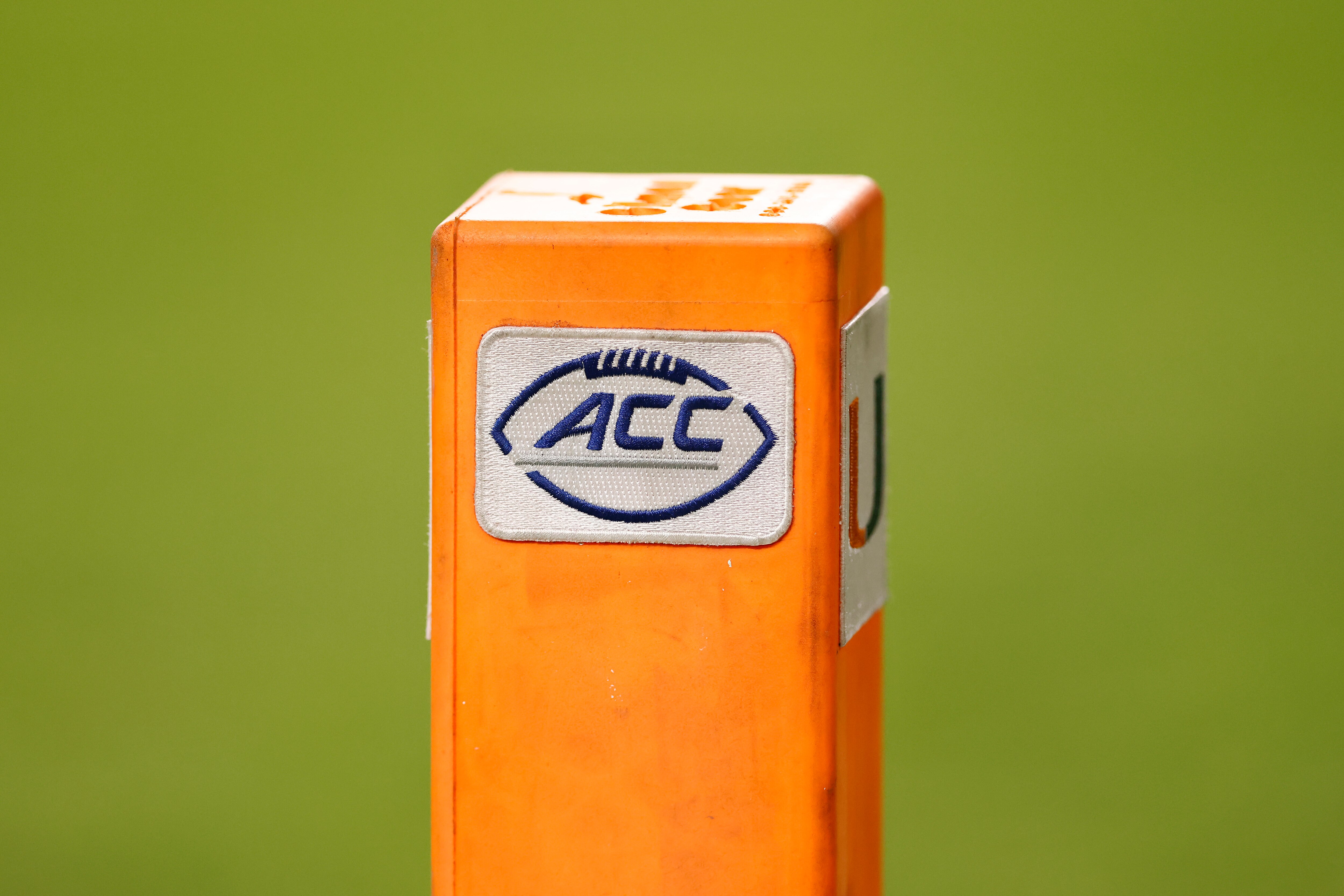 MIAMI GARDENS, FLORIDA - SEPTEMBER 11: A detail of the ACC logo on a pylon during the game between the Miami Hurricanes and the Appalachian State Mountaineers at Hard Rock Stadium on September 11, 2021 in Miami Gardens, Florida. (Photo by Michael Reaves/Getty Images)