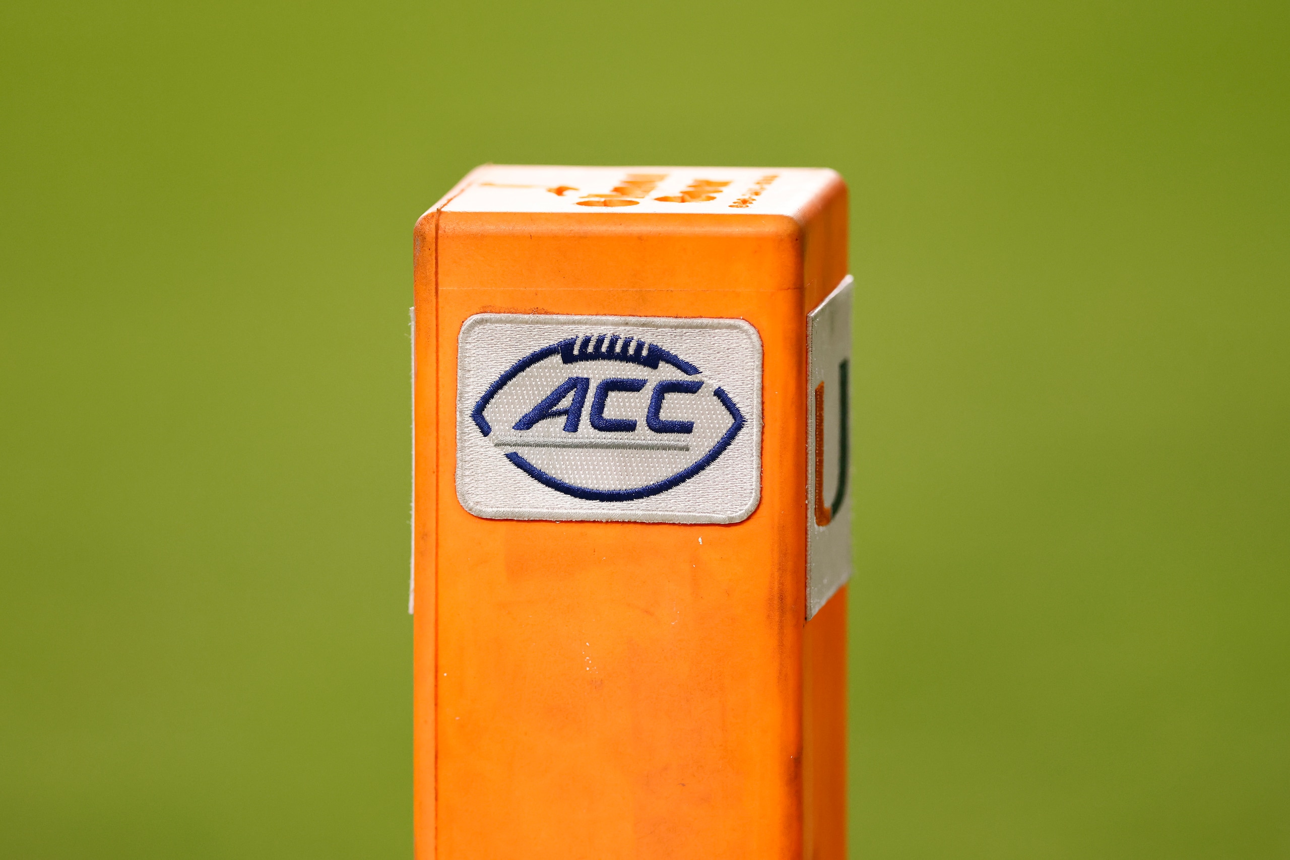 MIAMI GARDENS, FLORIDA - SEPTEMBER 11: A detail of the ACC logo on a pylon during the game between the Miami Hurricanes and the Appalachian State Mountaineers at Hard Rock Stadium on September 11, 2021 in Miami Gardens, Florida. (Photo by Michael Reaves/Getty Images)