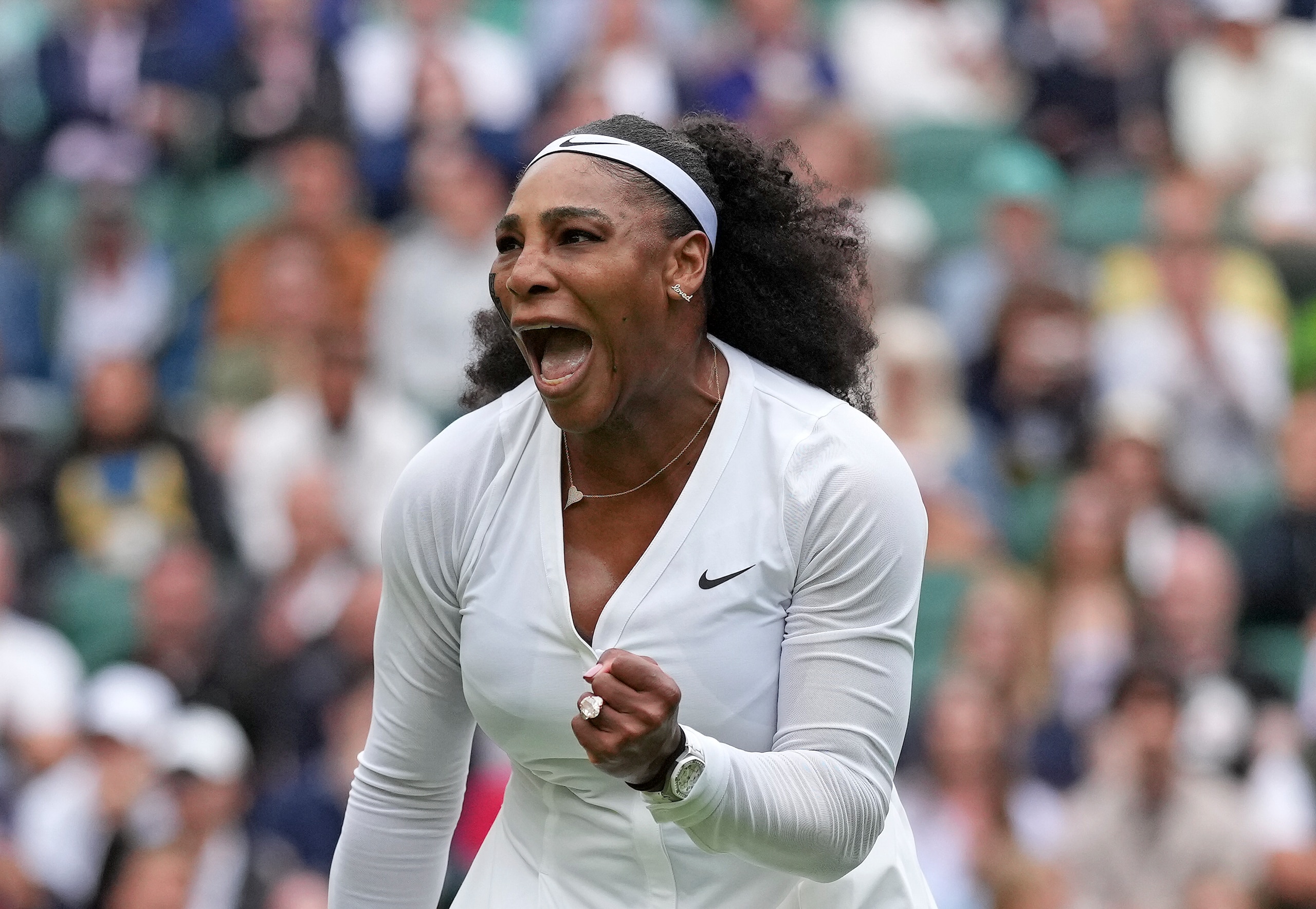 Serena Williams of the US celebrates after winning a point against France's Harmony Tan in a first round women's singles match on day two of the Wimbledon tennis championships in London, Tuesday, June 28, 2022. (AP Photo/Alberto Pezzali) Serena Williams of the US celebrates after winning a point against France's Harmony Tan in a first round women's singles match on day two of the Wimbledon tennis championships in London, Tuesday, June 28, 2022. (AP Photo/Alberto Pezzali)