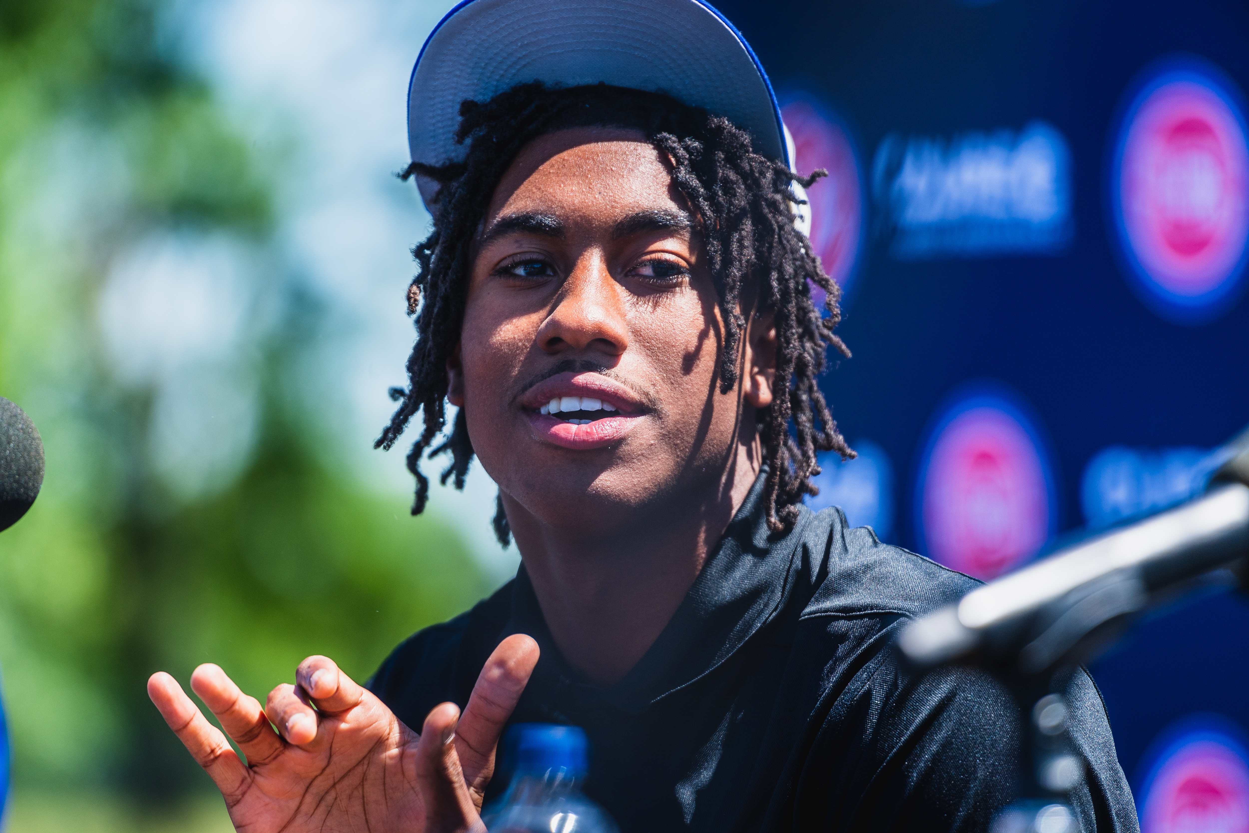 DETROIT, MICHIGAN - JUNE 24: Detroit Pistons draft pick Jaden Ivey looks on during the Detroit Pistons Draft Press Conference at Rouge Park on June 24, 2022 in Detroit, Michigan. NOTE TO USER: User expressly acknowledges and agrees that, by downloading and or using this photograph, User is consenting to the terms and conditions of the Getty Images License Agreement. Mandatory Copyright Notice: Copyright 2022 NBAE (Photo by Chris Schwegler/NBAE via Getty Images)