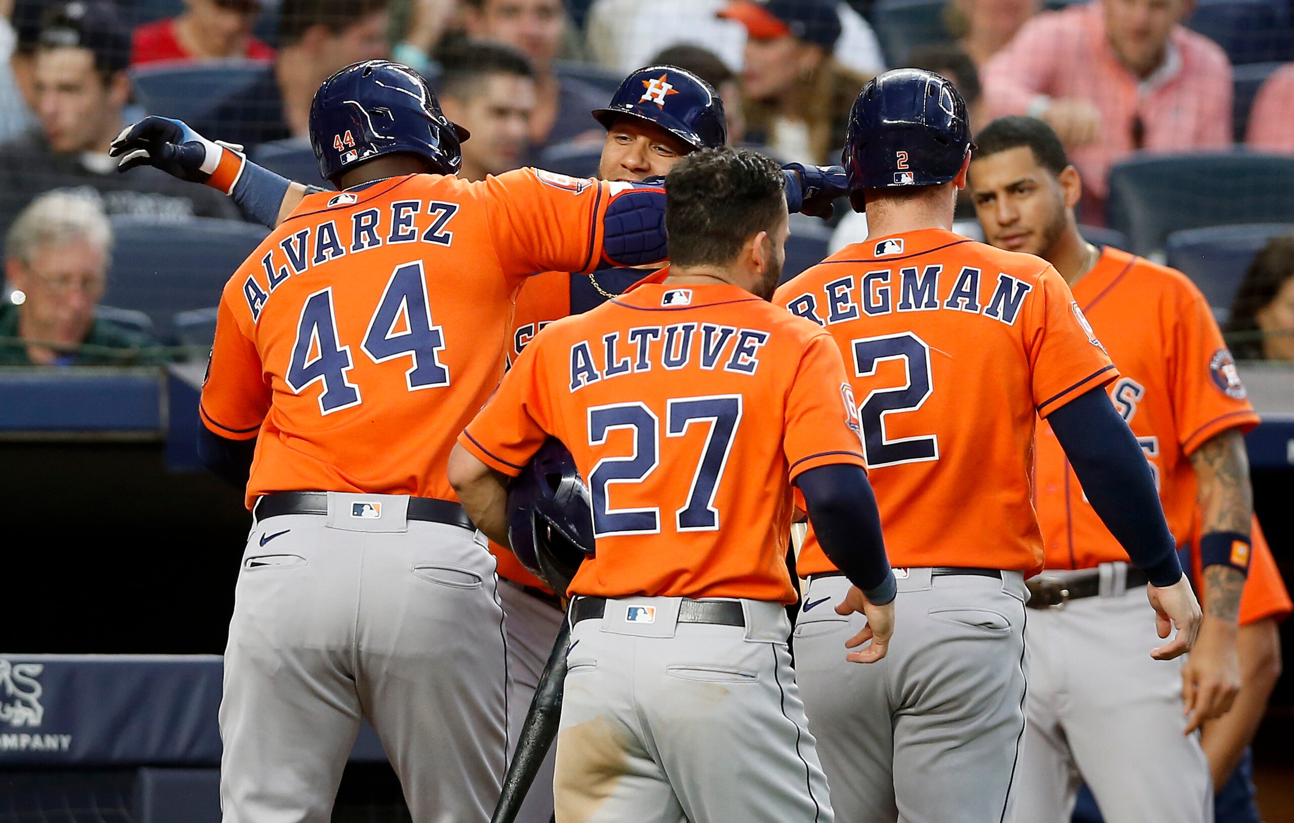 NEW YORK, NEW YORK - JUNE 23:  Yordan Alvarez #44 of the Houston Astros celebrates his third inning three run home run against the New York Yankees with teammates Yuli Gurriel #10, Jose Altuve #27 and Alex Bregman #2 at Yankee Stadium on June 23, 2022 in New York City. (Photo by Jim McIsaac/Getty Images)