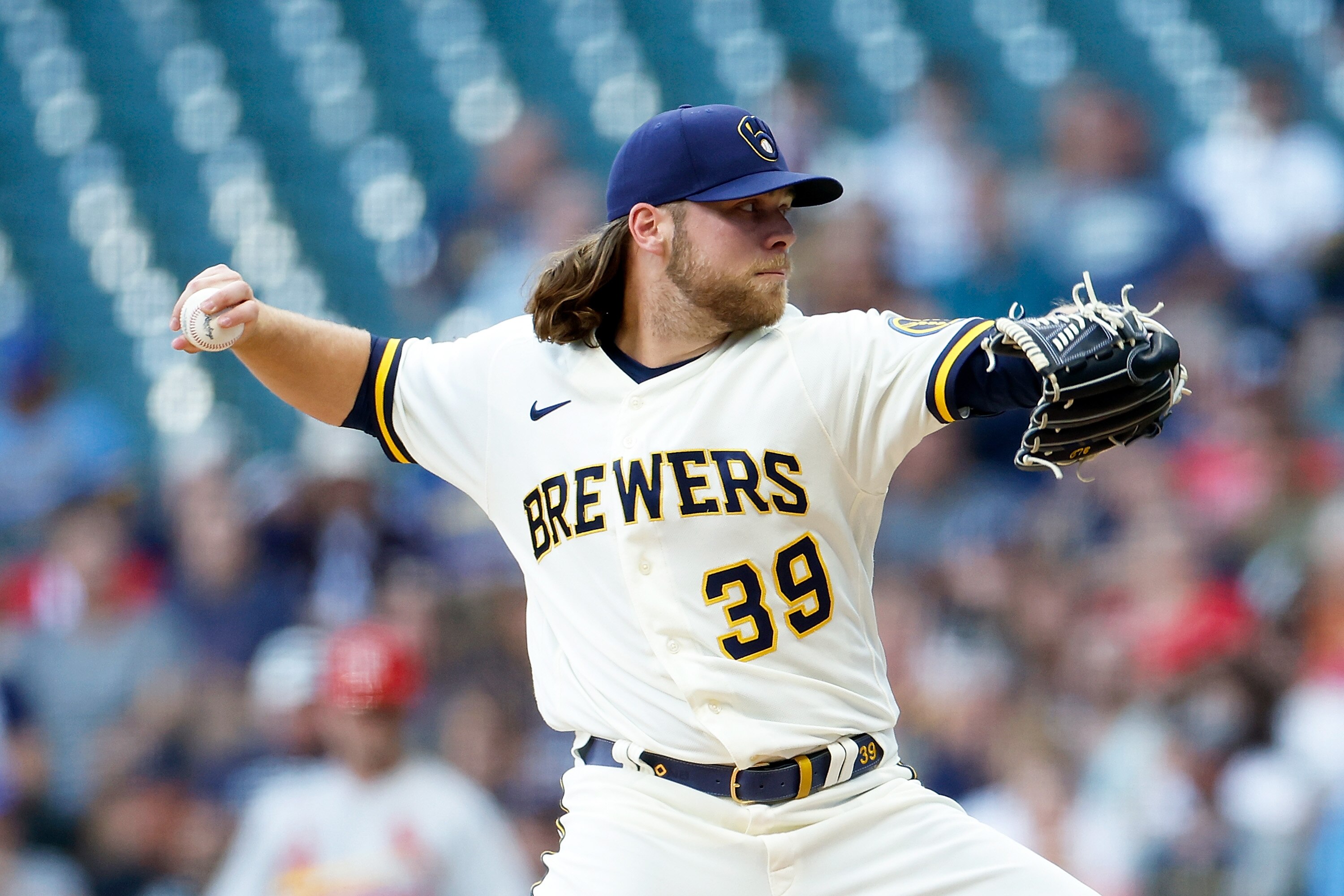 MILWAUKEE, WISCONSIN - JUNE 20: Corbin Burnes #39 of the Milwaukee Brewers throws a pitch in the first inning against the St. Louis Cardinals at American Family Field on June 20, 2022 in Milwaukee, Wisconsin. (Photo by John Fisher/Getty Images)