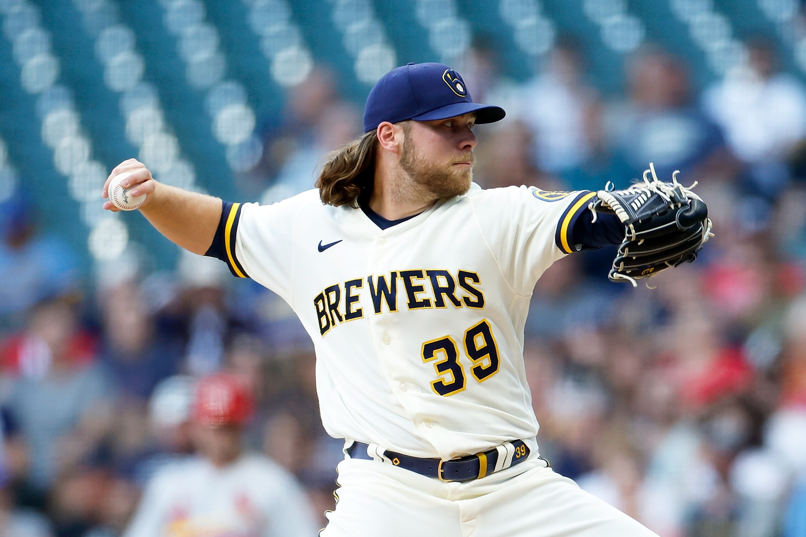 MILWAUKEE, WISCONSIN - JUNE 20: Corbin Burnes #39 of the Milwaukee Brewers throws a pitch in the first inning against the St. Louis Cardinals at American Family Field on June 20, 2022 in Milwaukee, Wisconsin. (Photo by John Fisher/Getty Images)
