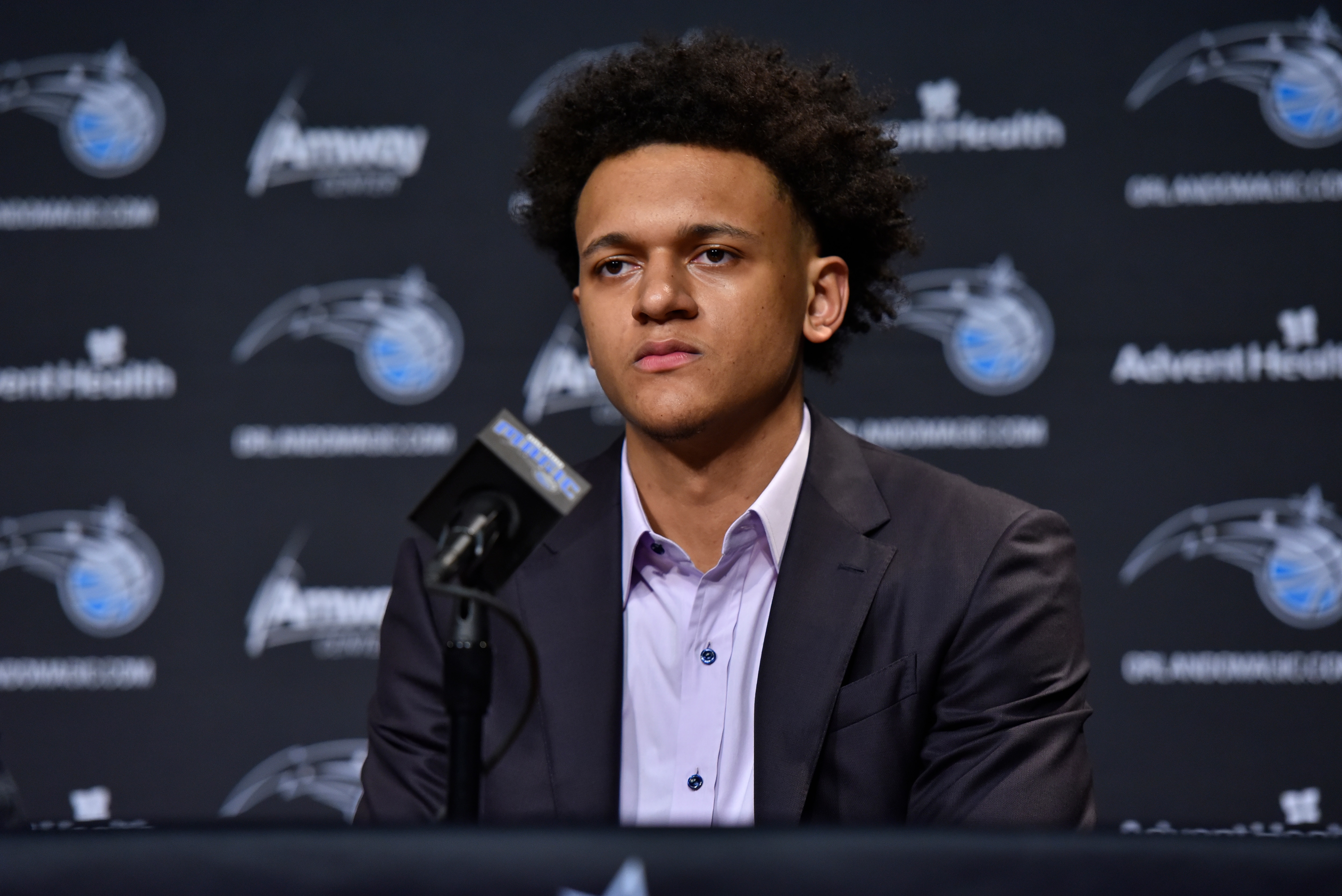 ORLANDO, FL - JUNE 24: Paolo Banchero of the Orlando Magic talks to the media during the Orlando Magic Draft Press Conference on June 24, 2022 at Amway Center in Orlando, Florida. NOTE TO USER: User expressly acknowledges and agrees that, by downloading and or using this photograph, User is consenting to the terms and conditions of the Getty Images License Agreement. Mandatory Copyright Notice: Copyright 2022 NBAE  (Photo by Fernando Medina/NBAE via Getty Images)
