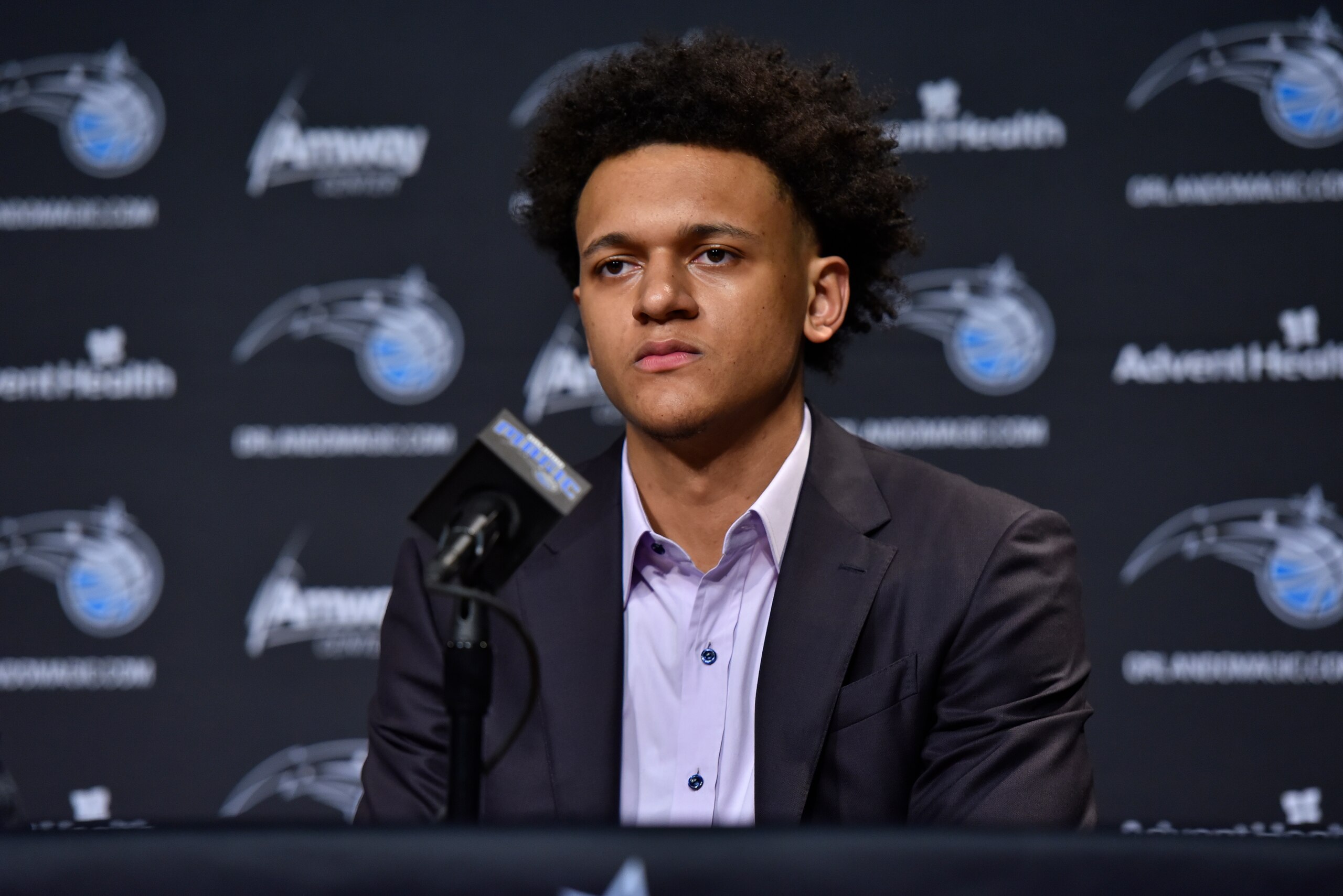 ORLANDO, FL - JUNE 24: Paolo Banchero of the Orlando Magic talks to the media during the Orlando Magic Draft Press Conference on June 24, 2022 at Amway Center in Orlando, Florida. NOTE TO USER: User expressly acknowledges and agrees that, by downloading and or using this photograph, User is consenting to the terms and conditions of the Getty Images License Agreement. Mandatory Copyright Notice: Copyright 2022 NBAE  (Photo by Fernando Medina/NBAE via Getty Images)