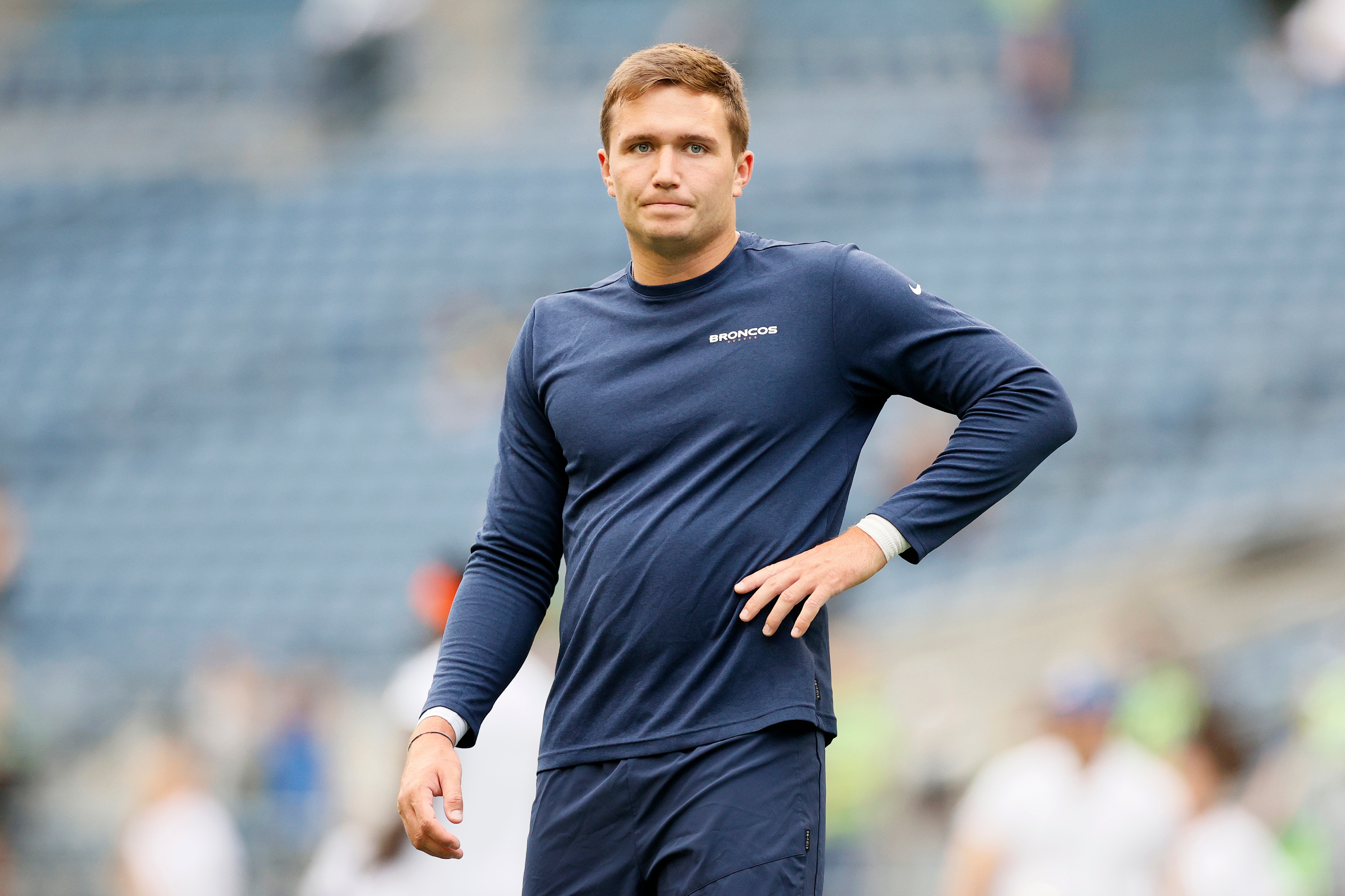 SEATTLE, WASHINGTON - AUGUST 21: Quarterback Drew Lock #3 of the Denver Broncos warms up before an NFL preseason game against the Seattle Seahawks at Lumen Field on August 21, 2021 in Seattle, Washington. (Photo by Steph Chambers/Getty Images)