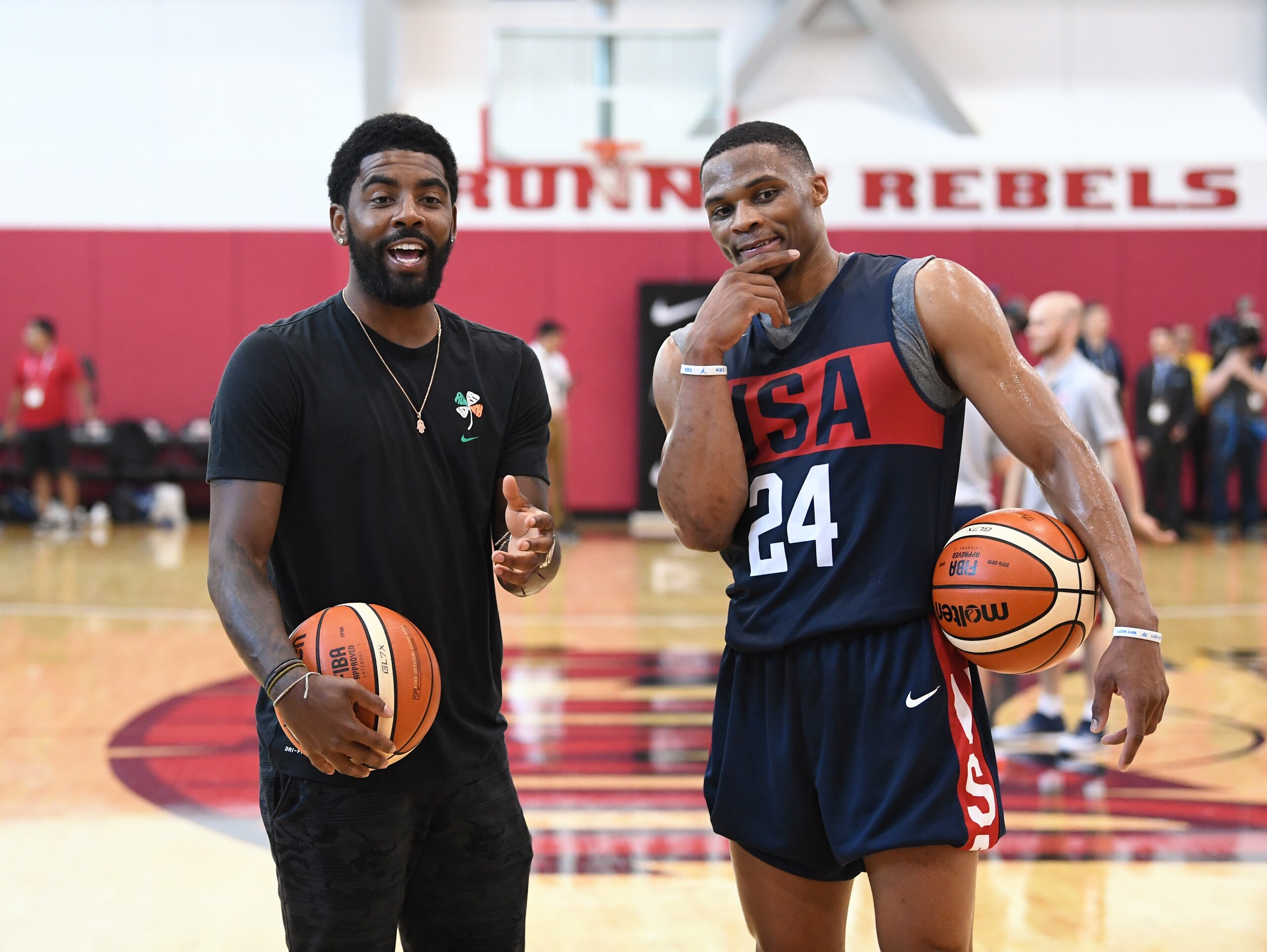 LAS VEGAS, NV - JULY 26: Kyrie Irving #37 and Russell Westbrook #24 of the United States joke around during a practice session at the 2018 USA Basketball Men's National Team minicamp at the Mendenhall Center at UNLV on July 26, 2018 in Las Vegas, Nevada. (Photo by Ethan Miller/Getty Images) LAS VEGAS, NV - JULY 26: Kyrie Irving #37 and Russell Westbrook #24 of the United States joke around during a practice session at the 2018 USA Basketball Men's National Team minicamp at the Mendenhall Center at UNLV on July 26, 2018 in Las Vegas, Nevada. (Photo by Ethan Miller/Getty Images)