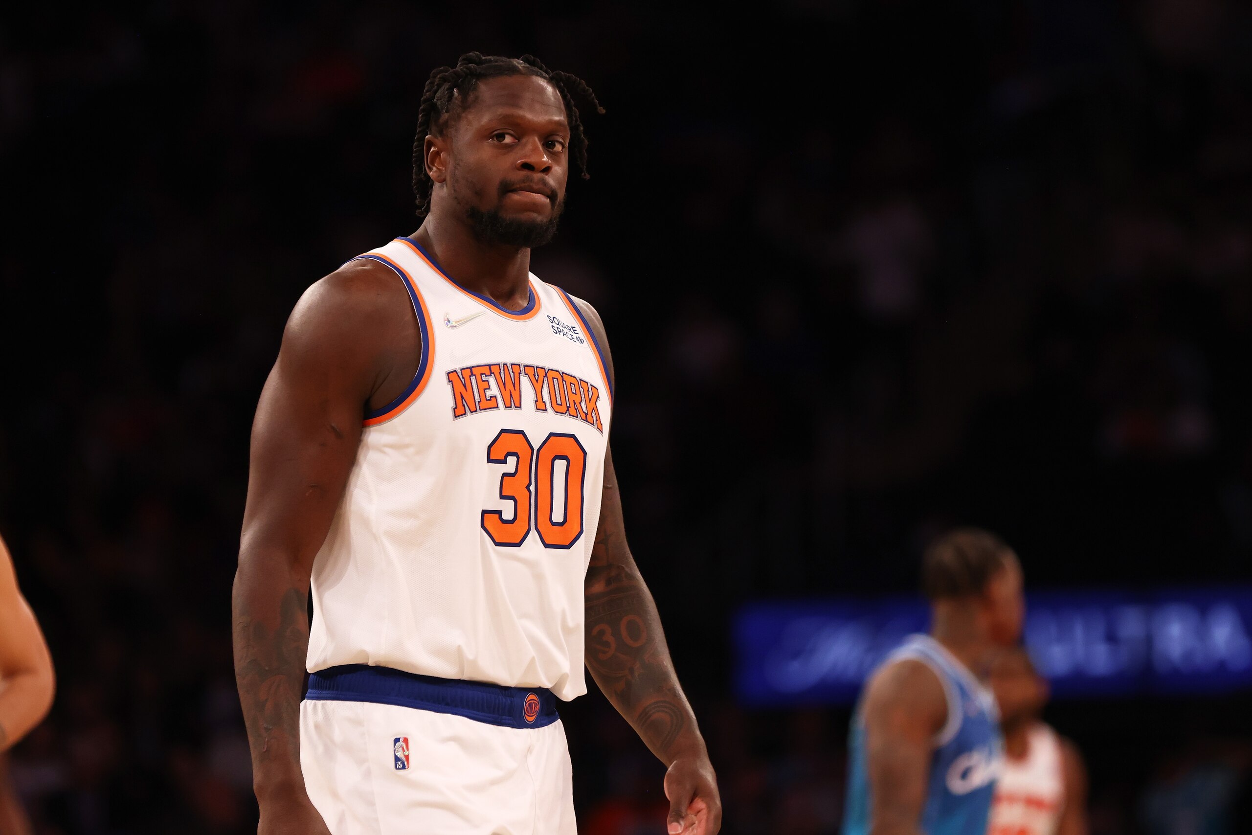 NEW YORK, NEW YORK - MARCH 30: Julius Randle #30 of the New York Knicks in action against the Charlotte Hornets at Madison Square Garden on March 30, 2022 in New York City. NOTE TO USER: User expressly acknowledges and agrees that, by downloading and or using this photograph, User is consenting to the terms and conditions of the Getty Images License Agreement. Charlotte Hornets defeated the New York Knicks 125-114. (Photo by Mike Stobe/Getty Images)