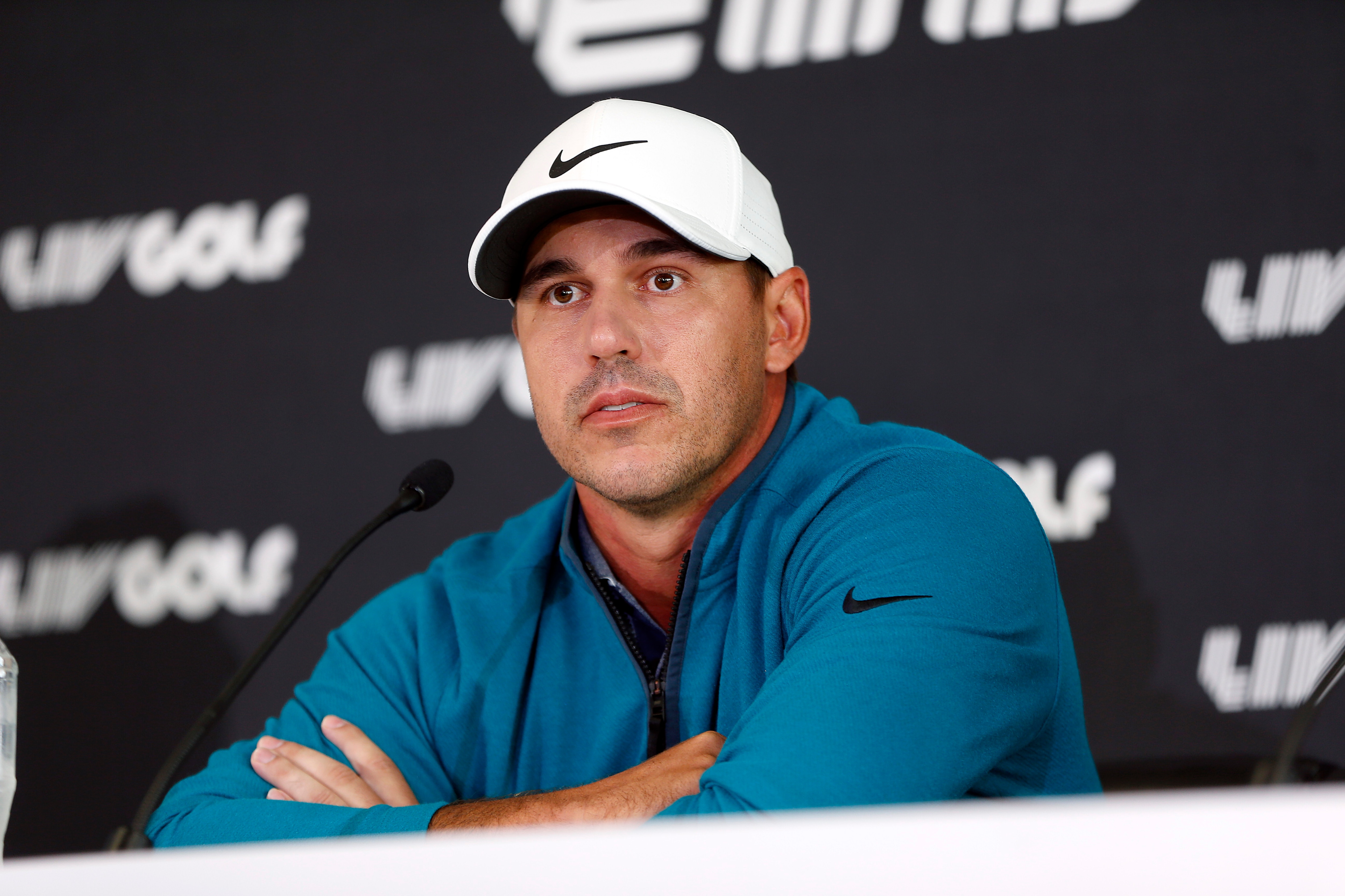 NORTH PLAINS, OREGON - JUNE 28: Brooks Koepka of the United States speaks to the media during a press conference prior to the LIV Golf Invitational - Portland at Pumpkin Ridge Golf Club on June 28, 2022 in North Plains, Oregon. (Photo by Jonathan Ferrey/LIV Golf via Getty Images)